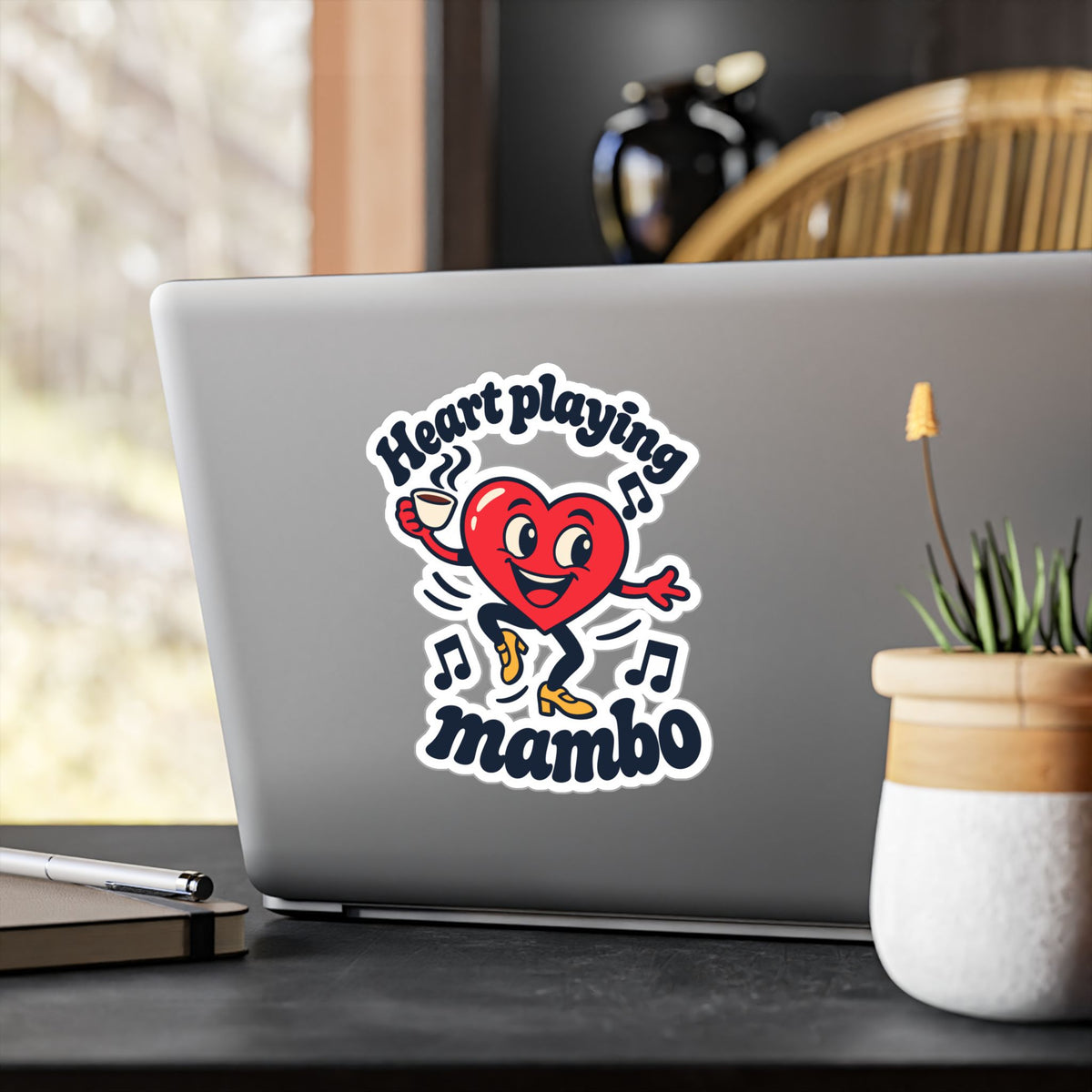 Cartoon Sticker Heart Playing Mambo - Espresso and Music Design Decals for Laptop and Water Bottle