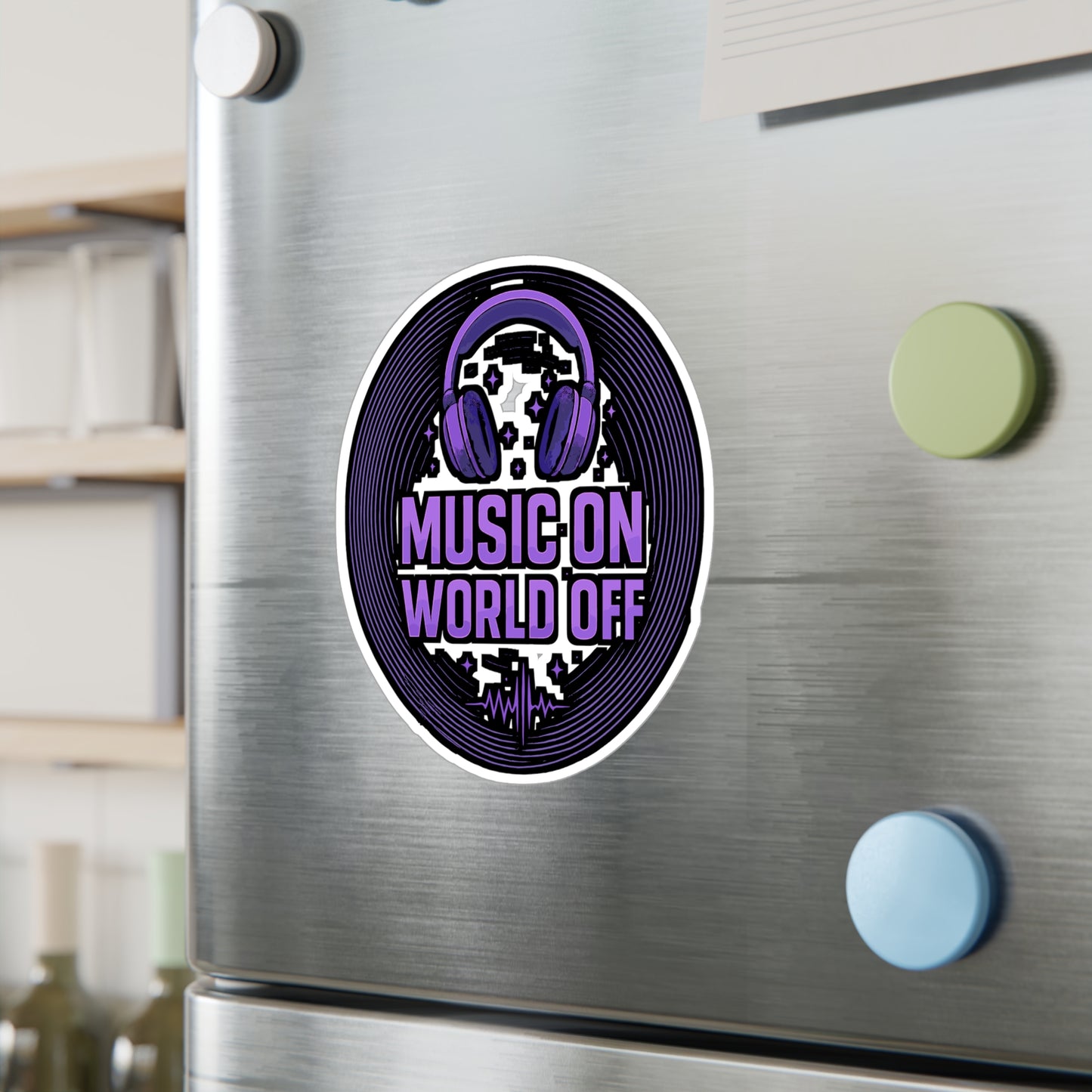 Music Sticker "Music On World Off" Decals – DJ Turntable Design, Waterproof Vinyl for Laptop, Water Bottle, Music Lovers Gift