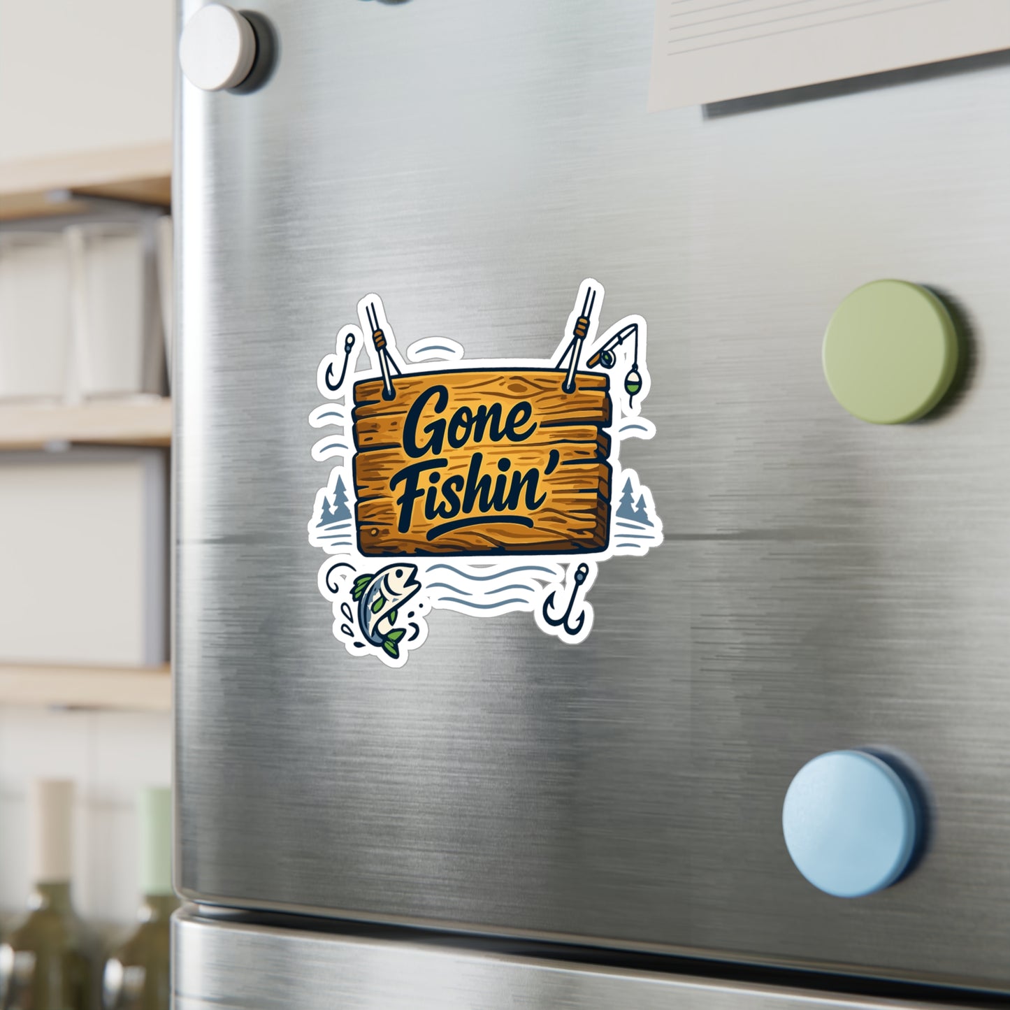 Fishing Sticker Gone Fishin' Waterproof Vinyl Decals for Laptop or Water Bottle, Angling Lake Boating Design