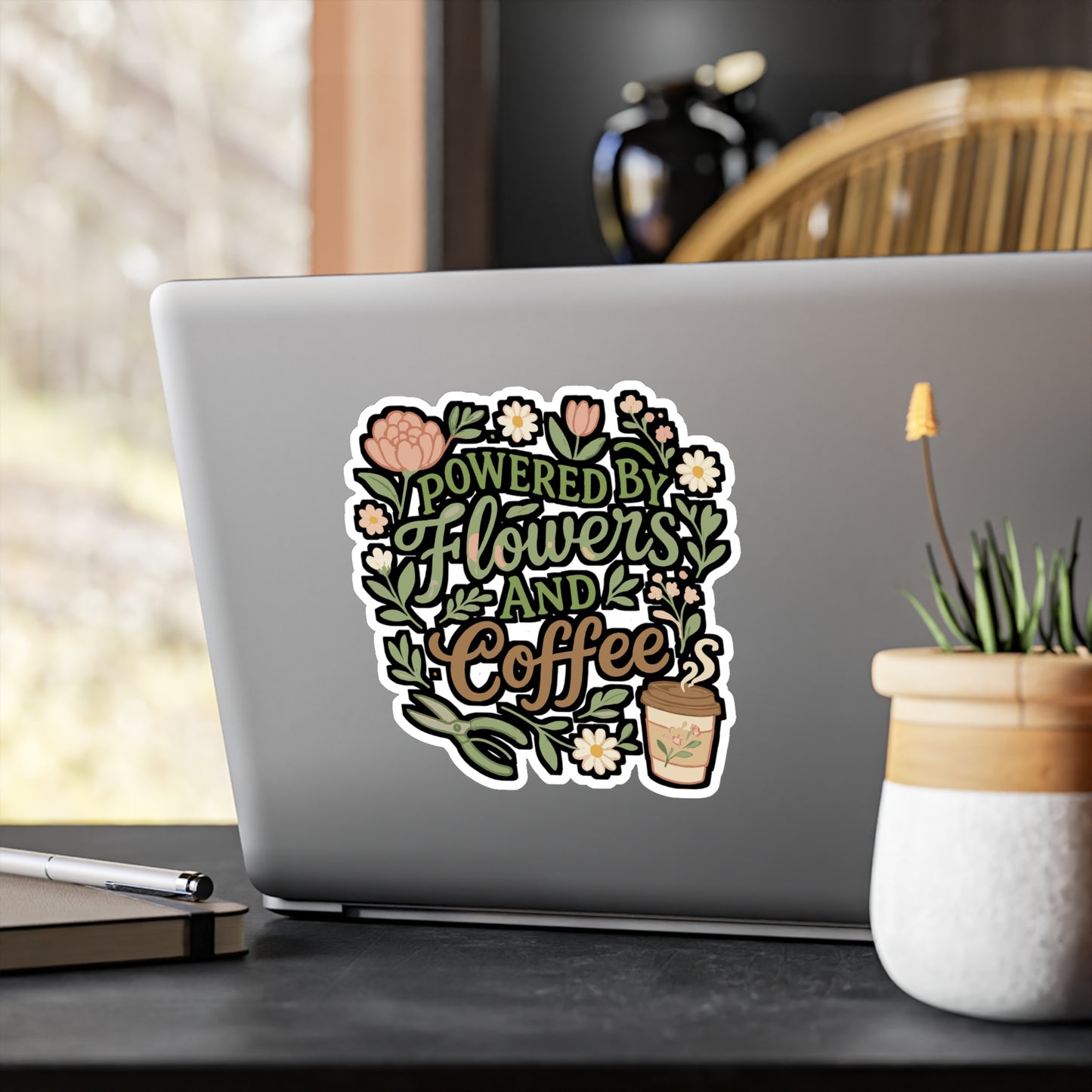 Powered By Flowers And Coffee - Florists Sticker for Laptop, Water Bottle, Gift for Flower Shop Owners, Botanical Lover