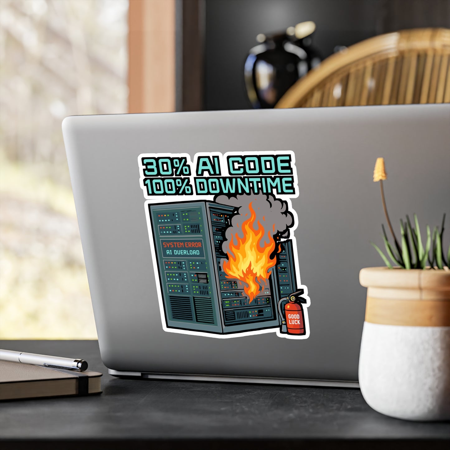 Server Sticker - “30 Ai Code 100 Downtime” Funny Burning Datacenter AI Decals, Waterproof Vinyl for Laptop, Water Bottle, Tech Accessories