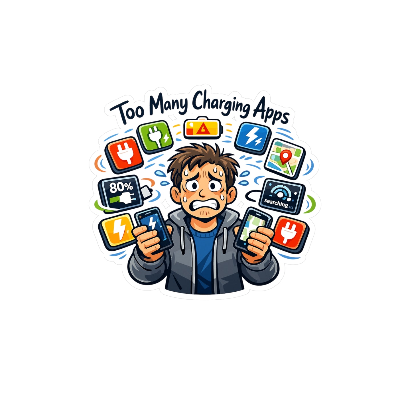 Electric Car Sticker "Too Many Charging Apps" Funny Electric Vehicle Vinyl Waterproof Stickers & Decals for Laptop, Water Bottle Rechargeable Battery
