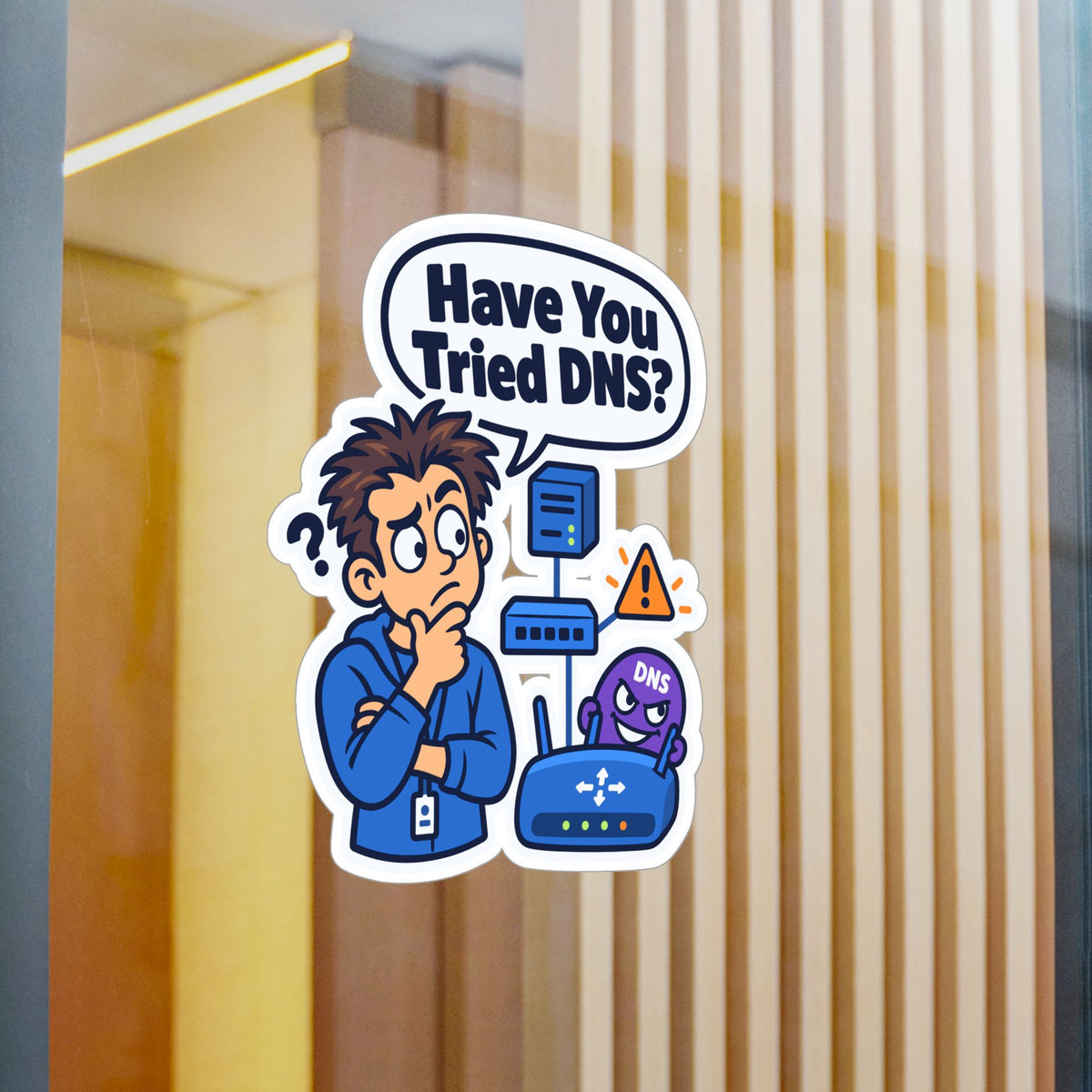 Tech Sticker "Have You Tried DNS" – Funny IT Decals with Reboot Button Humor, a Tech Bandage for Your Laptop