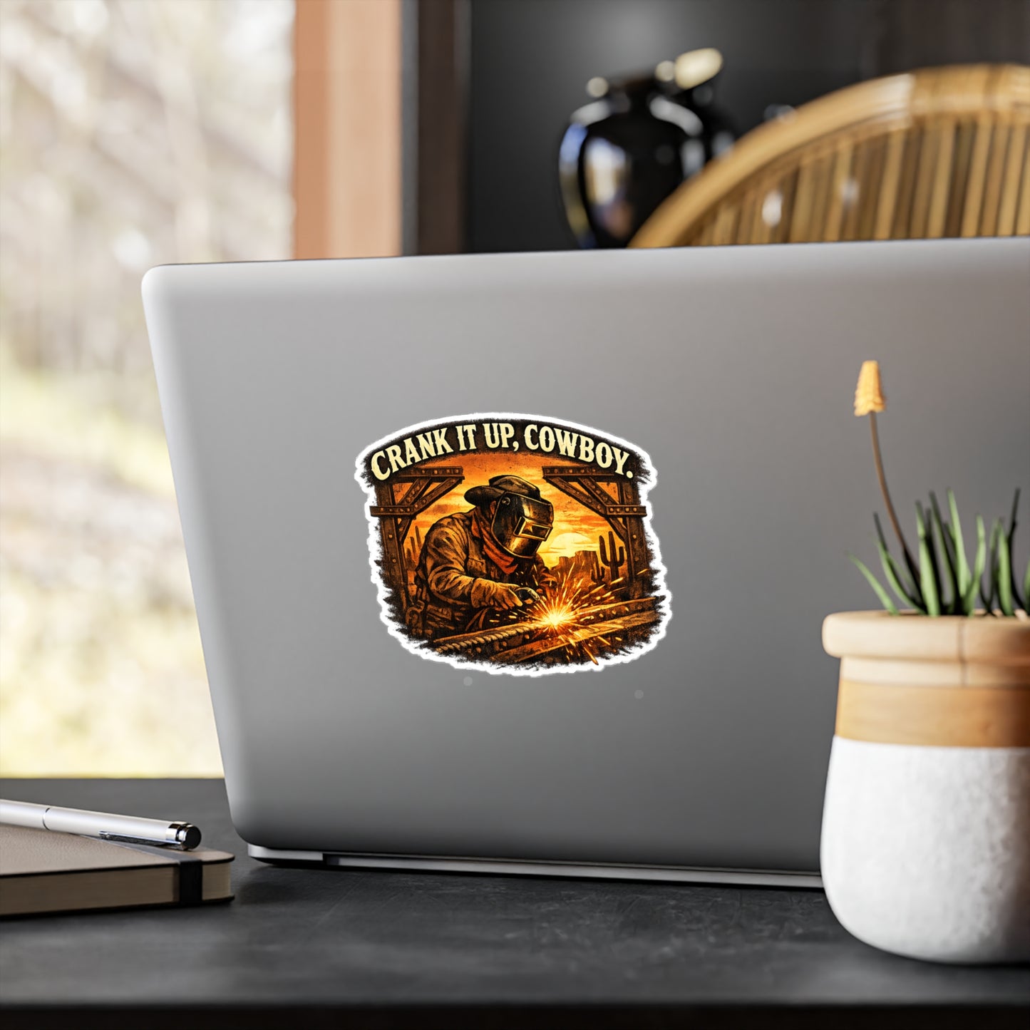 Welder Sticker Crank it up, Cowboy Funny Welding Vinyl Decals for Laptop Water Bottle, Waterproof Fabricator Gift