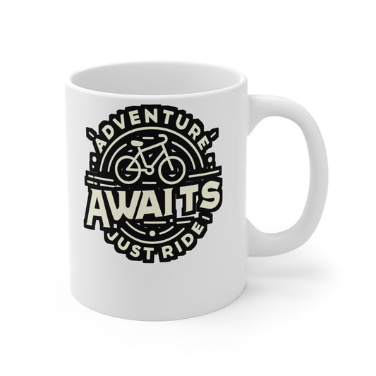 Adventure awaits, just ride - Cycling Mug for Coffee 11oz. Cycling Cup, White ceramic, Cyclist Mug, Bicycling Tea Cup - Cycling Gift