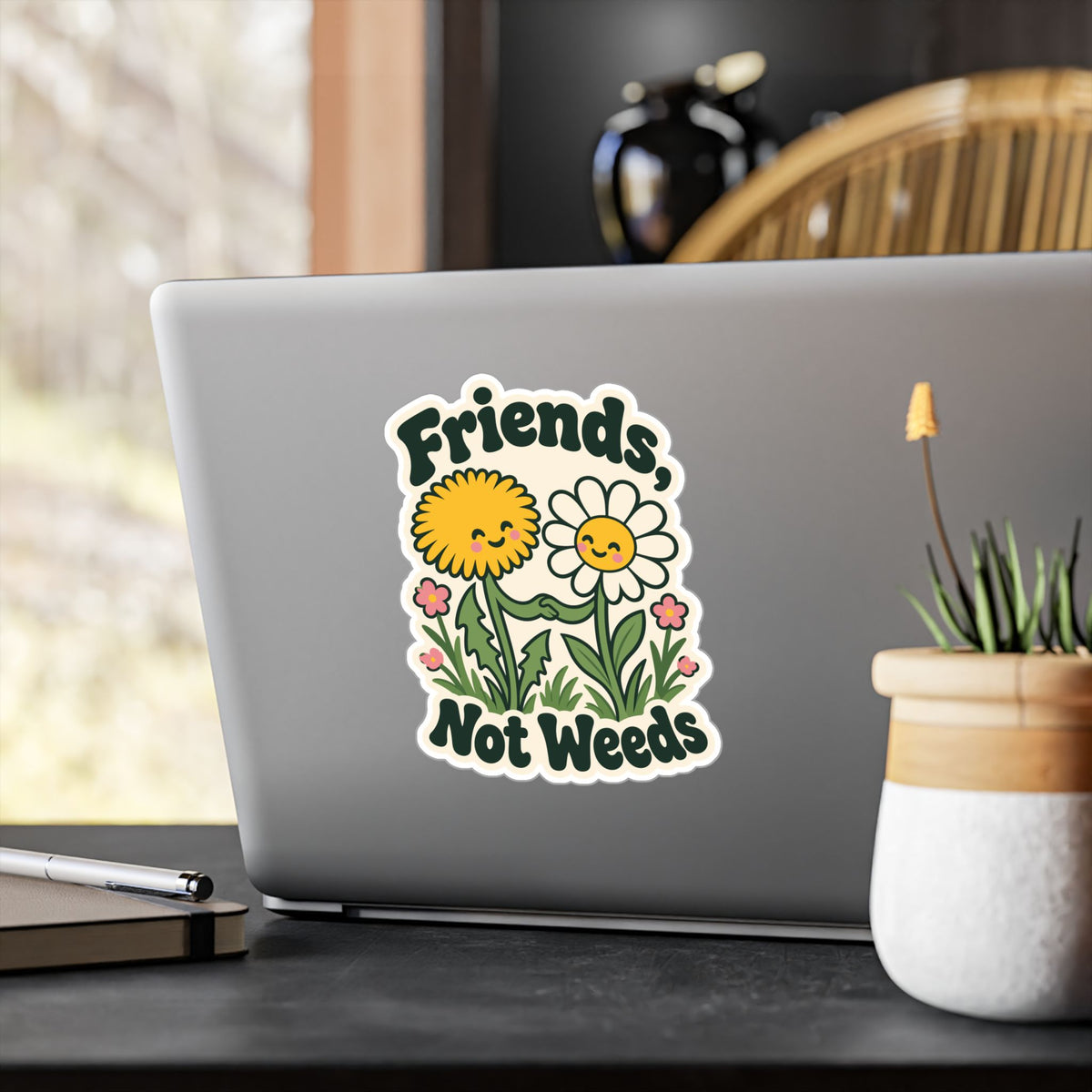 Plants Sticker "Friends Not Weeds" – Dandelion Design Celebrating Nature and Friendship, Decals for Laptop and Water Bottle