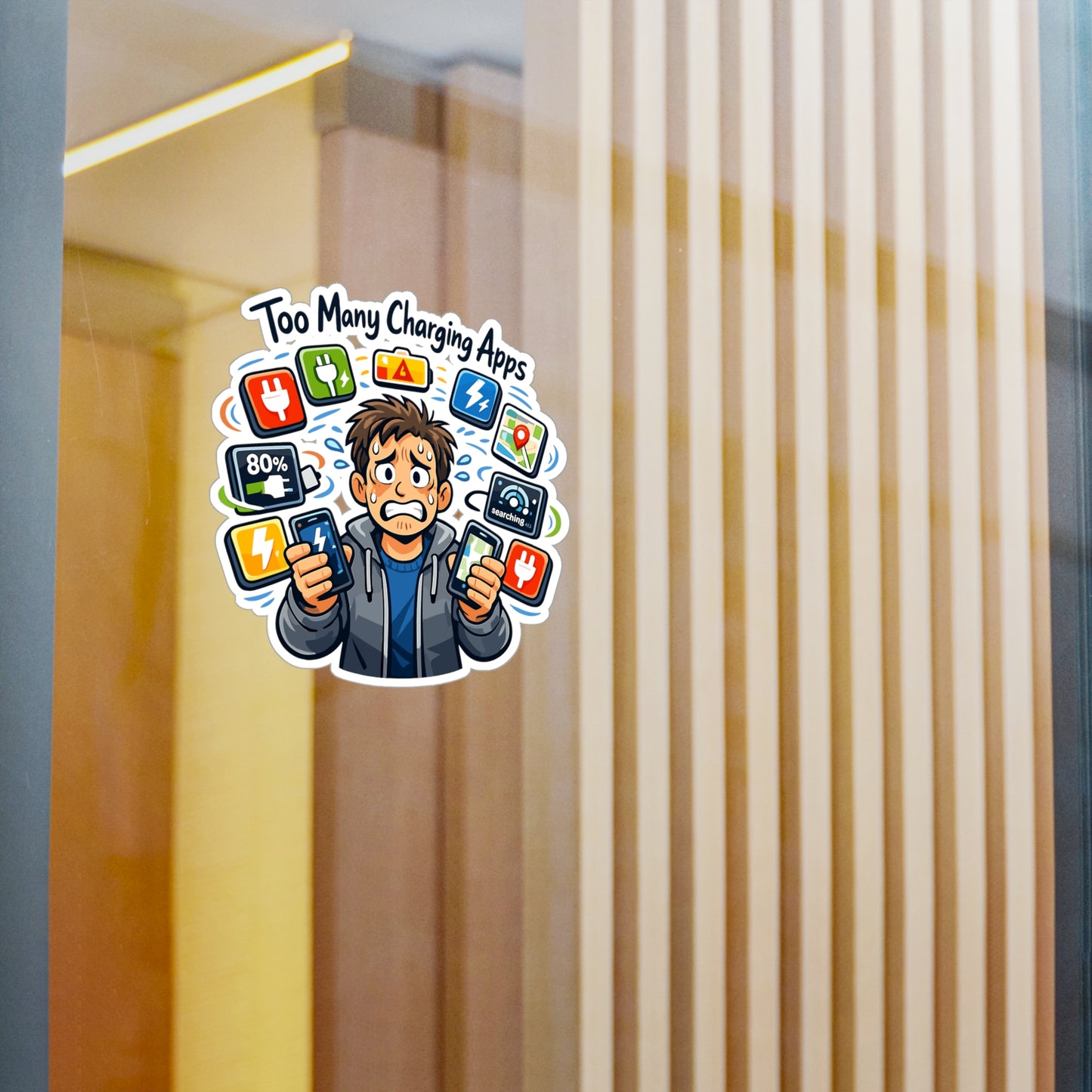 Electric Car Sticker "Too Many Charging Apps" Funny Electric Vehicle Vinyl Waterproof Stickers & Decals for Laptop, Water Bottle Rechargeable Battery