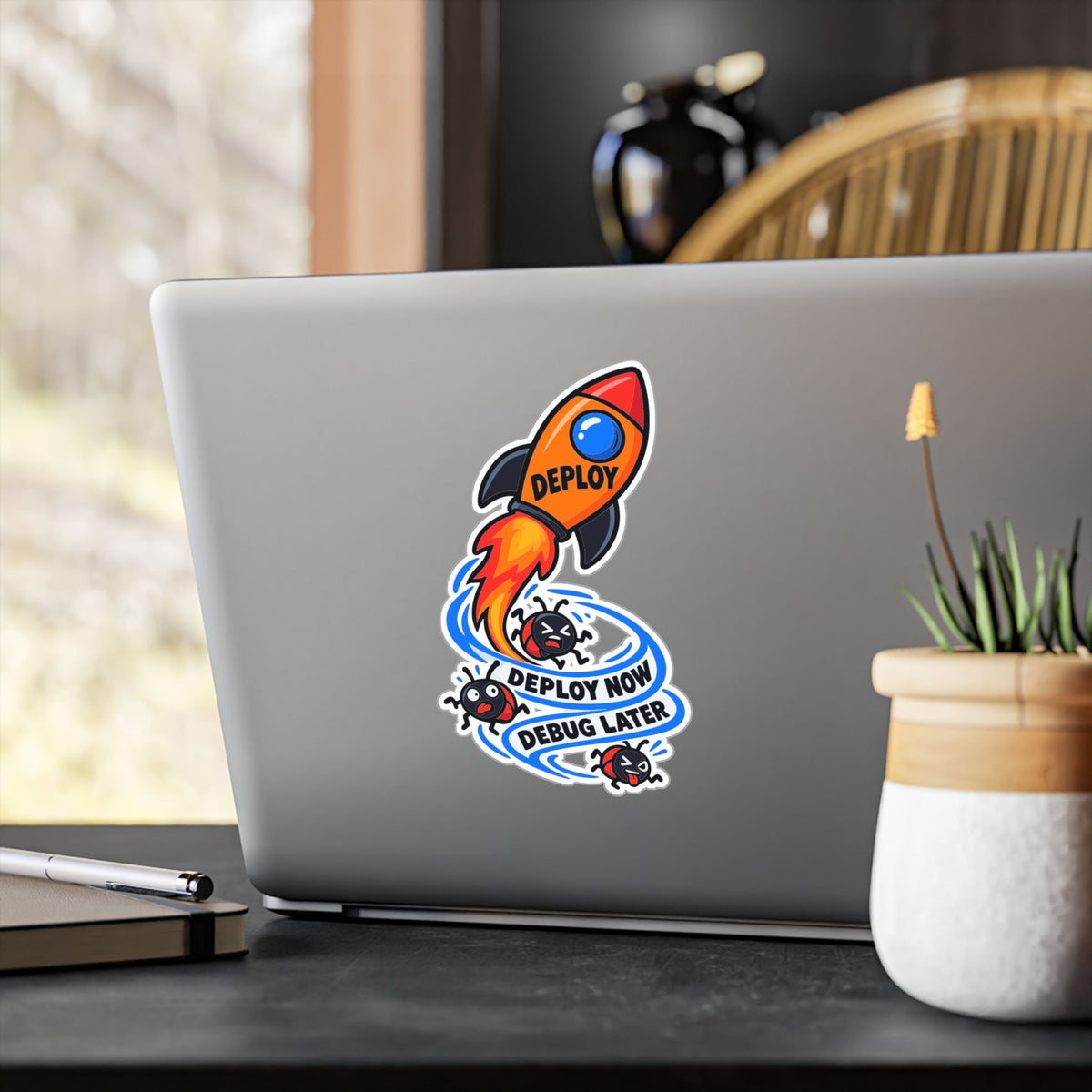 Tech Sticker - Deploy Now Debug Later, Reboot Button and Bandage Design Decals for Laptop or Water Bottle