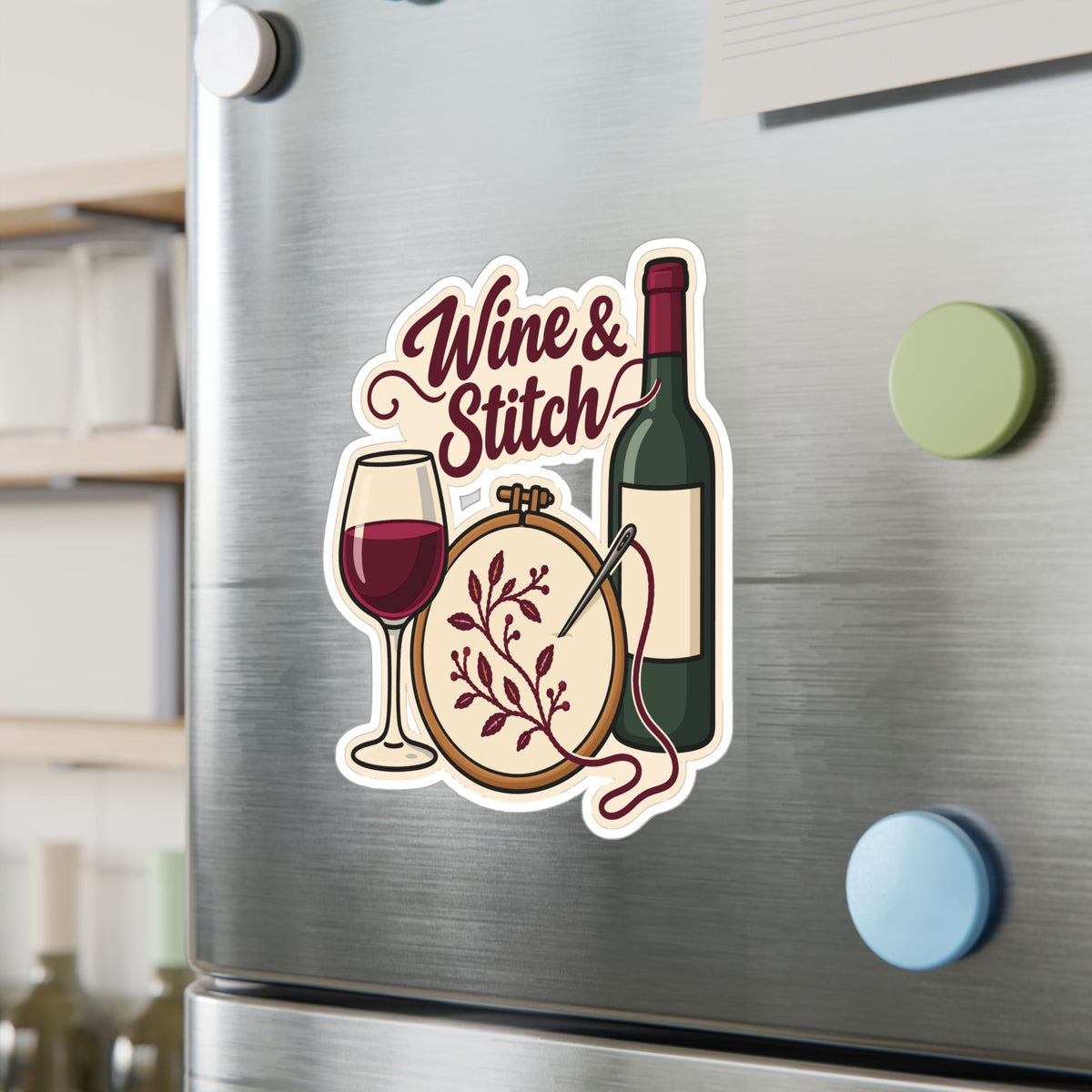 Embroidery Sticker - Wine & Stitch Design for Needlework and Stitching Fans, Crafting Decals for Laptop or Water Bottle
