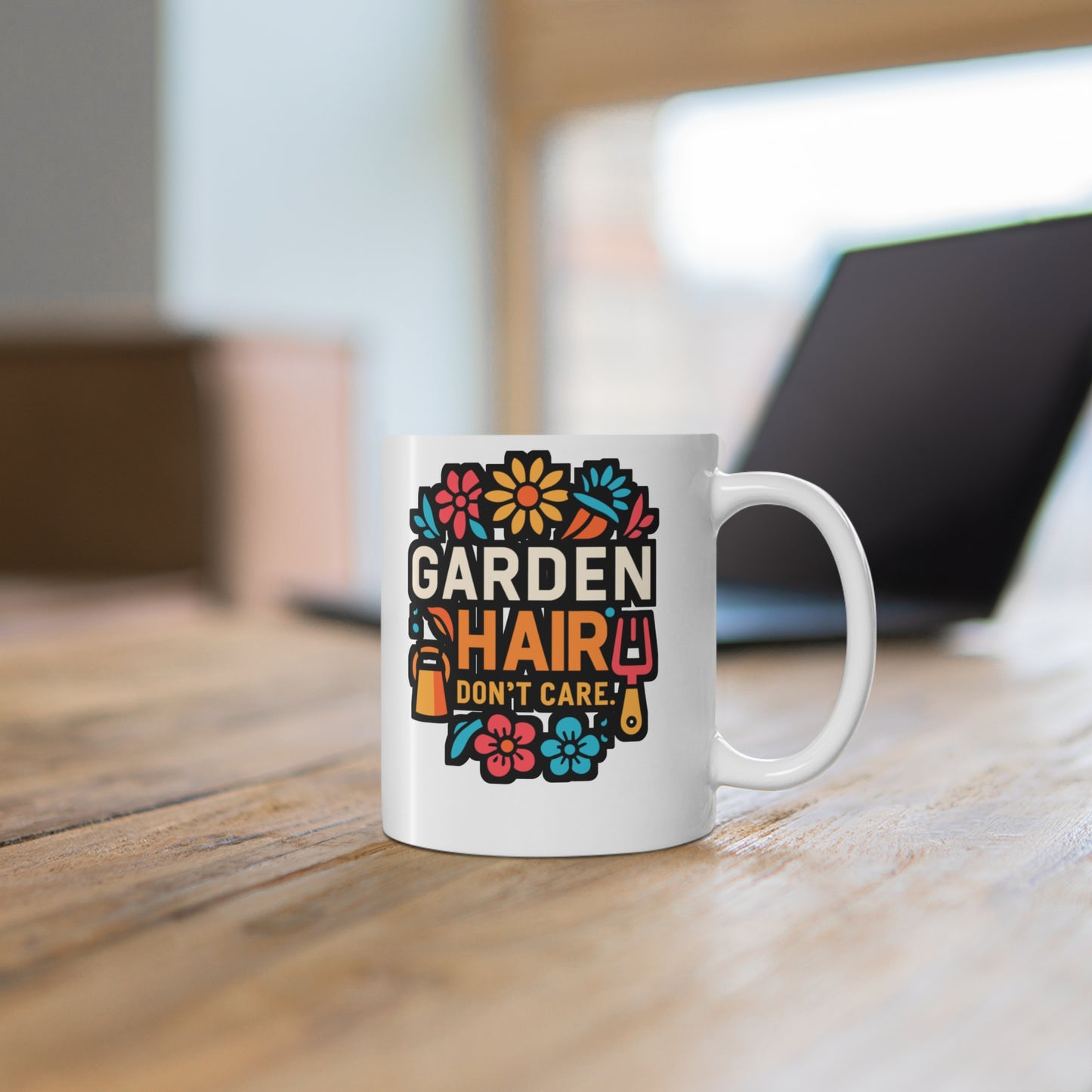 Garden Hair Don't Care - Gardening Mug for Coffee 11oz. Gardening Cup, White ceramic, Landscaper Mug, Lawn-mower Tea Cup - Gardening Gift