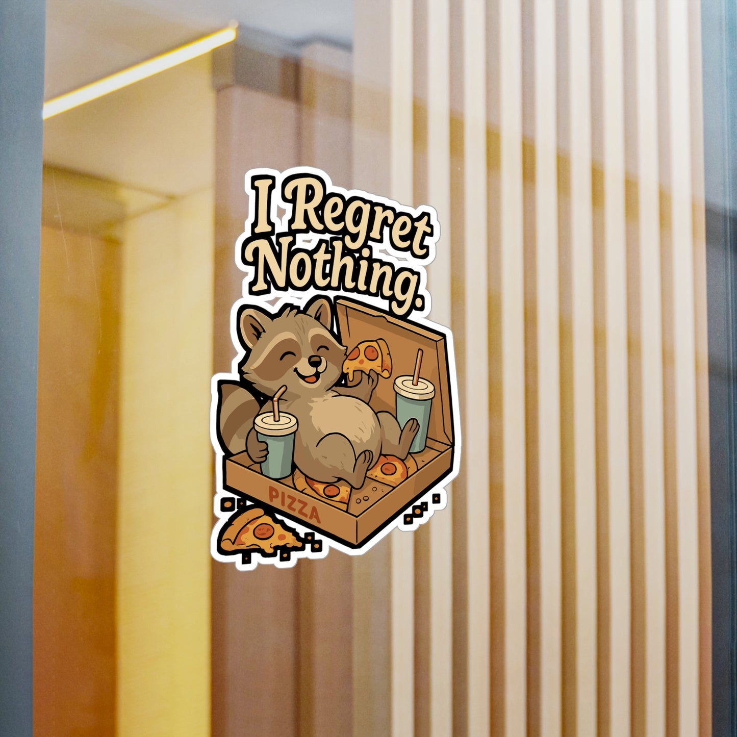 Lazy Sticker – "I Regret Nothing" Raccoon Pizza Decals, Funny Snack Vinyl Waterproof Sticker for Laptop, Water Bottle, Durable Decor