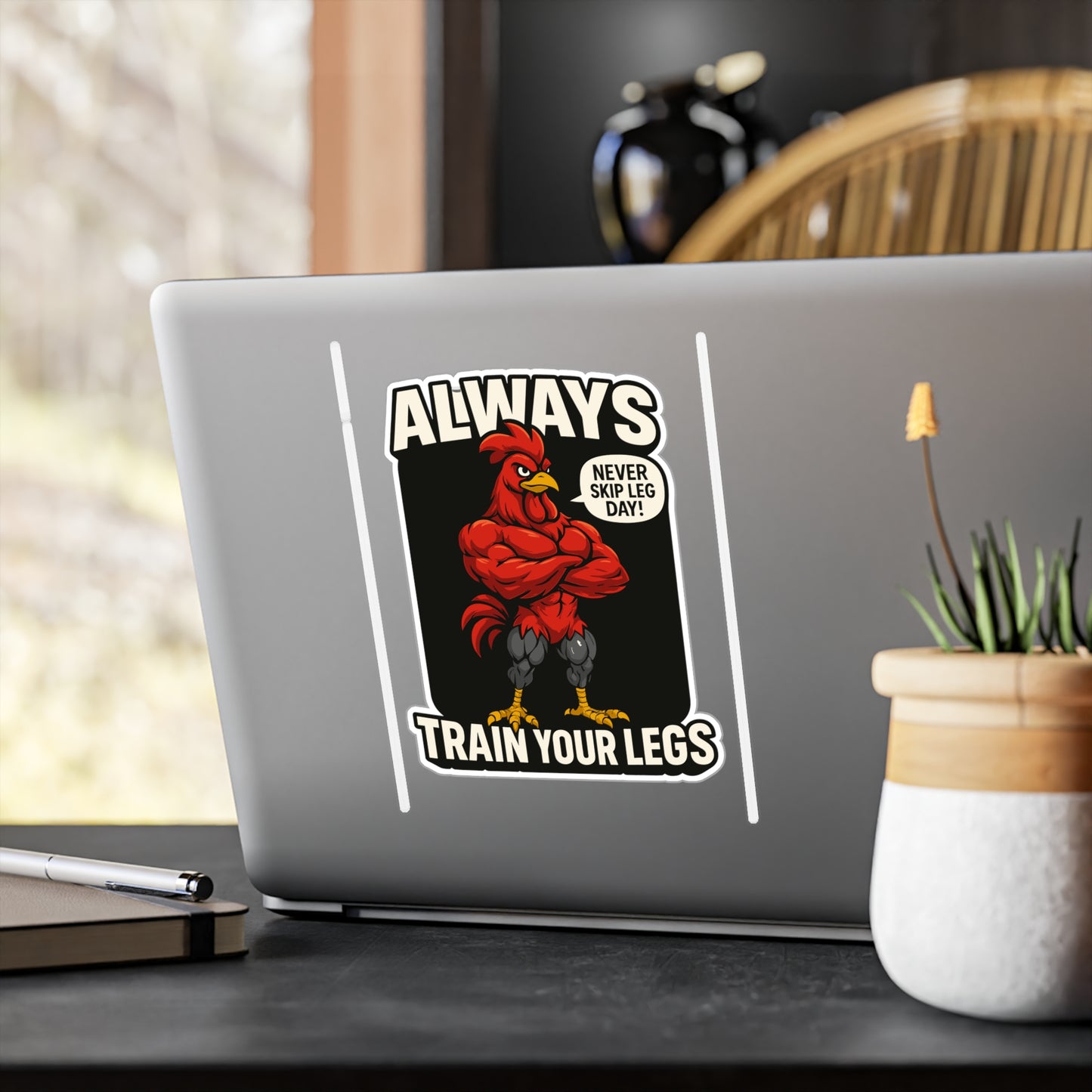 Gym Sticker, Never Skip Leg Day Rooster Decals – Funny Fitness Workout Vinyl Sticker for Laptop, Water Bottle, Waterproof Durable Design