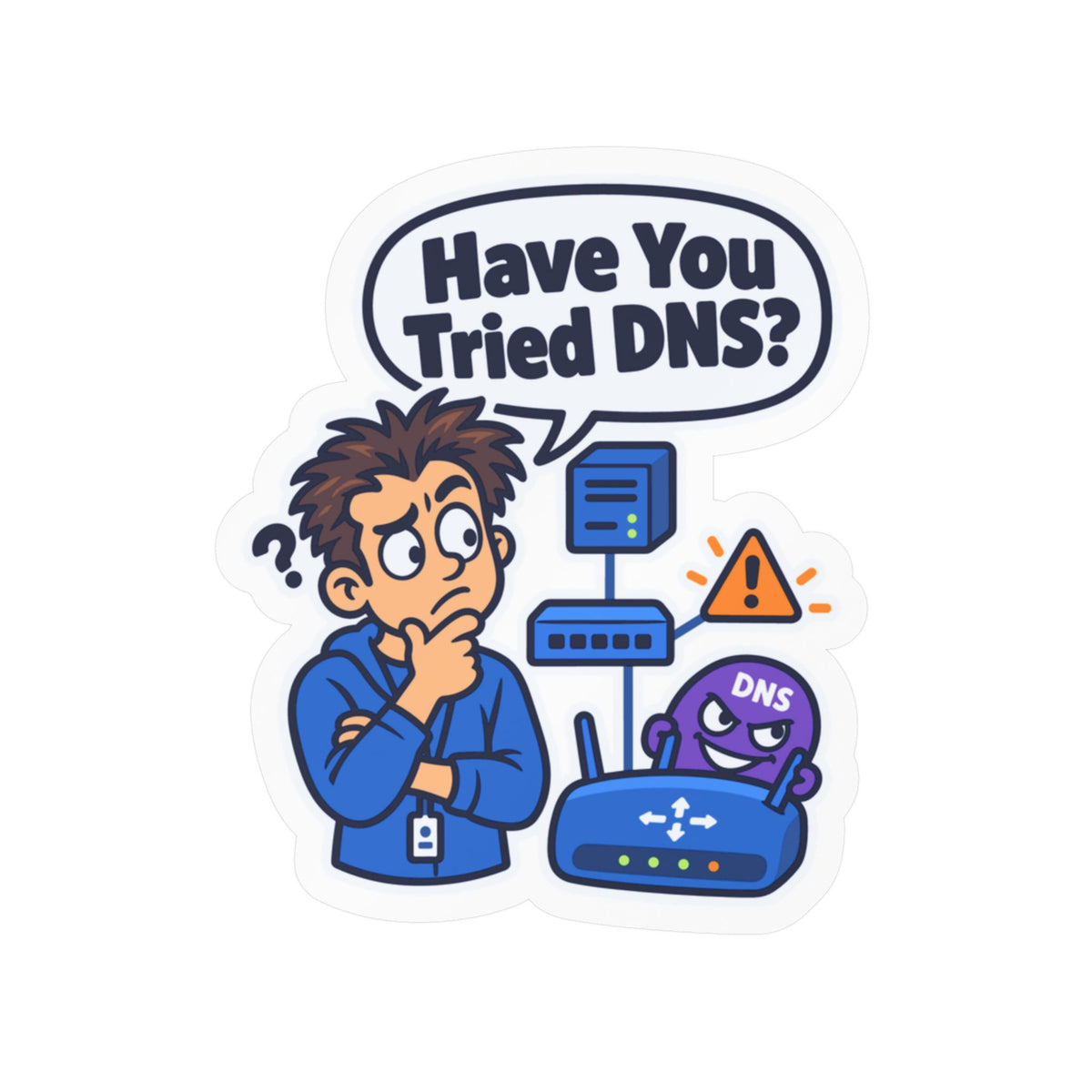 Tech Sticker "Have You Tried DNS" – Funny IT Decals with Reboot Button Humor, a Tech Bandage for Your Laptop