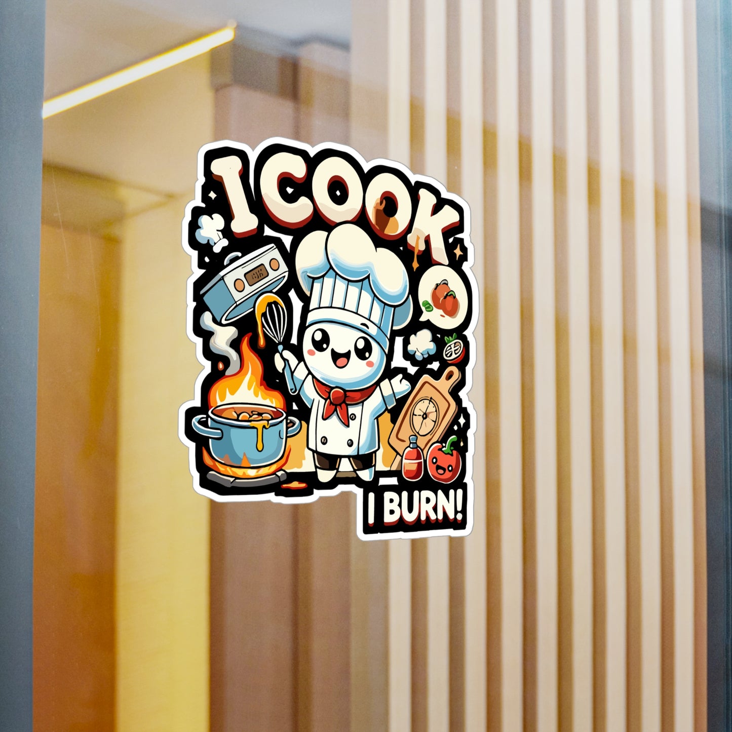 I Cook Therefore I Burn - Chef Sticker for Laptop Sticker. Water Bottle Sticker, Vinyl Cooking Decal - Chef Gift