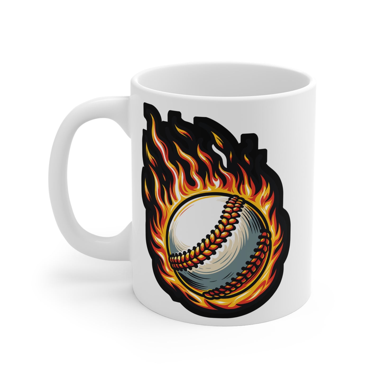 Fire Baseball - Baseball Mug for Coffee 11oz. Baseball Cup, White ceramic, Player Mug, Sports Tea Cup - Baseball Gift