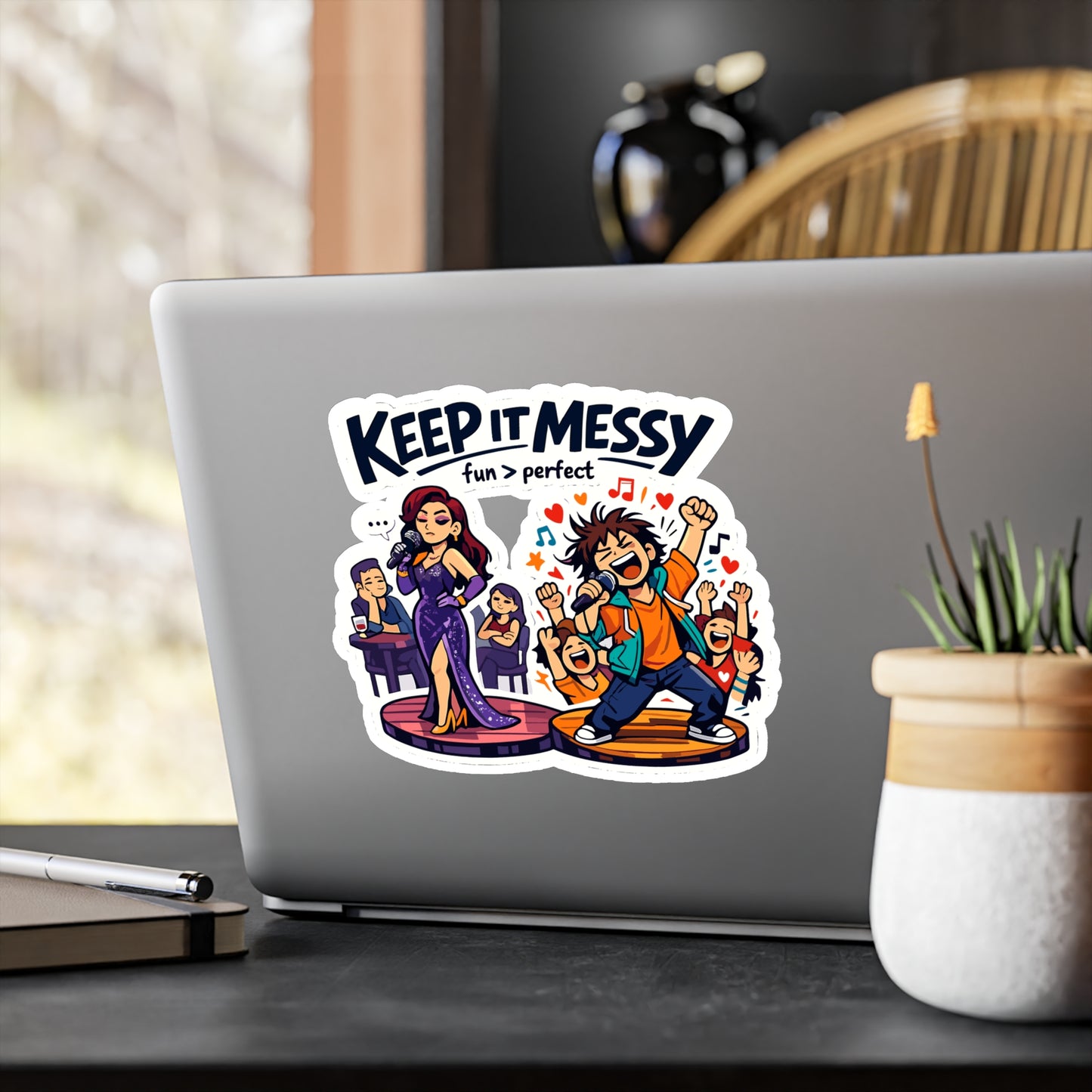 Karaoke Sticker "Keep It Messy" - Waterproof Vinyl Decals for Laptop or Water Bottle, Fun Music Beer Booze Graphic