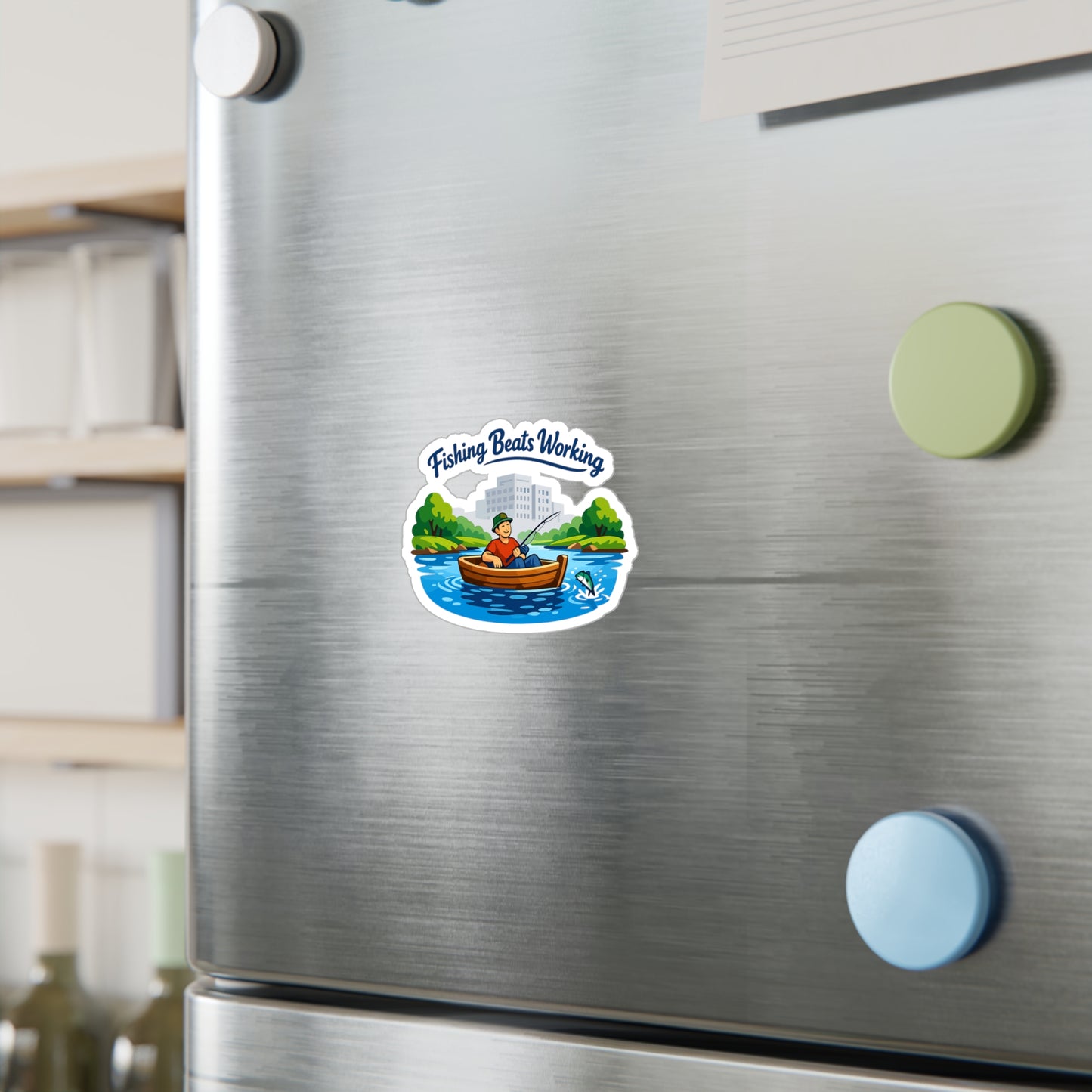 Fishing Sticker "Fishing Beats Working" Waterproof Vinyl Decals for Laptop, Water Bottle, Angling Lake Boating Fun