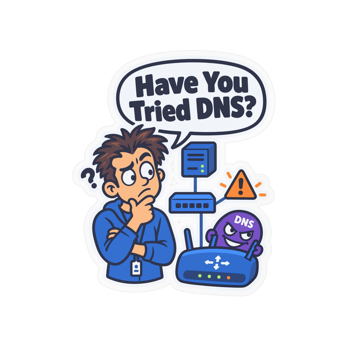 Tech Sticker "Have You Tried DNS" – Funny IT Decals with Reboot Button Humor, a Tech Bandage for Your Laptop