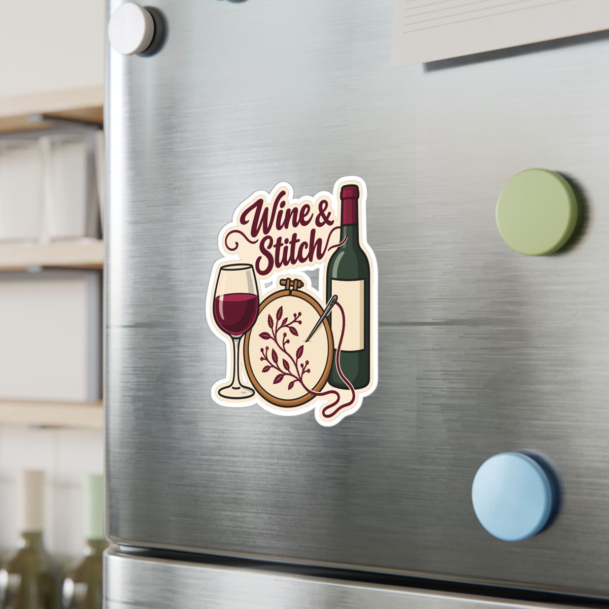 Embroidery Sticker - Wine & Stitch Design for Needlework and Stitching Fans, Crafting Decals for Laptop or Water Bottle
