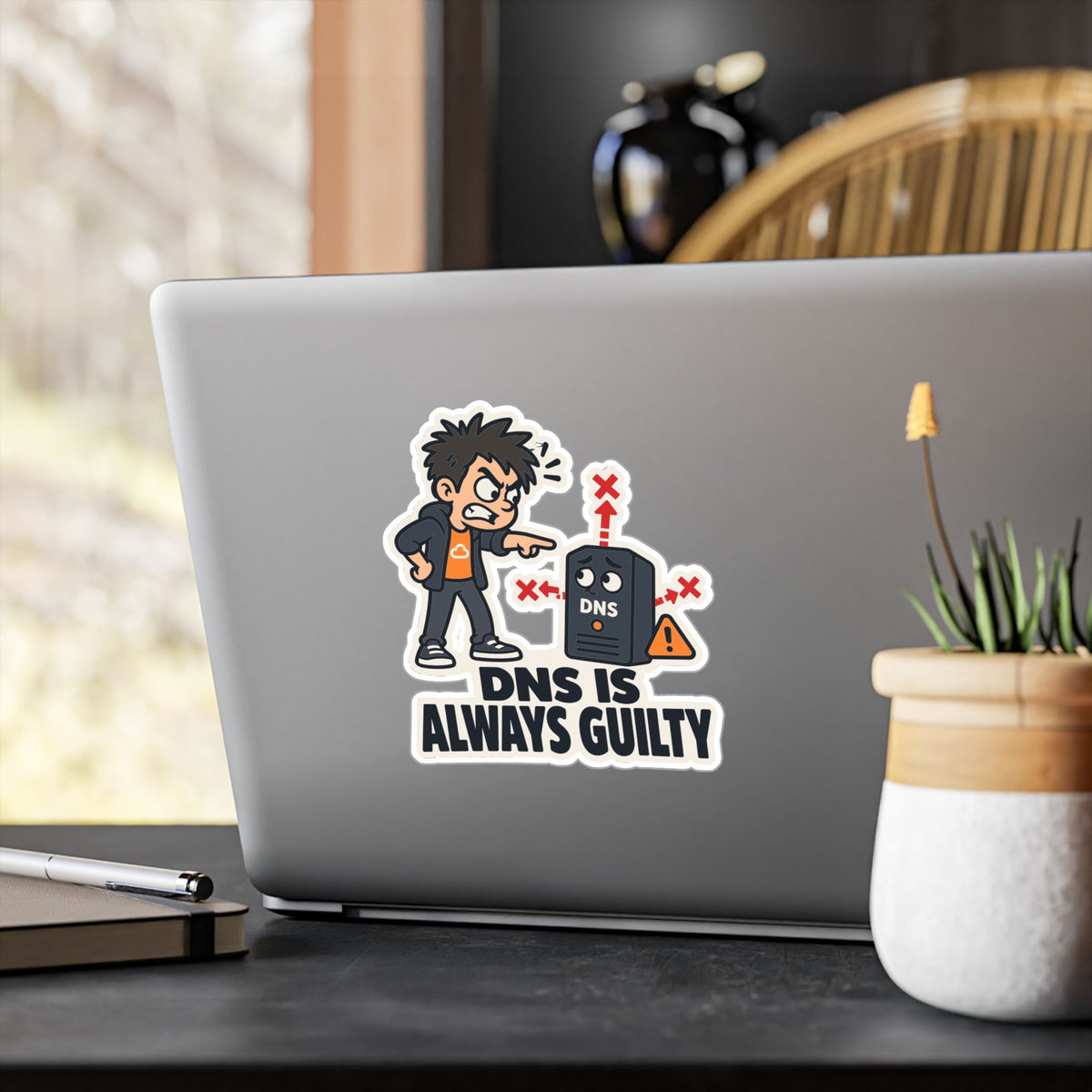 Frustrated Sticker - DNS Is Always Guilty, Cartoon Homelabber Pointing Accusingly, Funny Decals for Laptop and Water Bottle