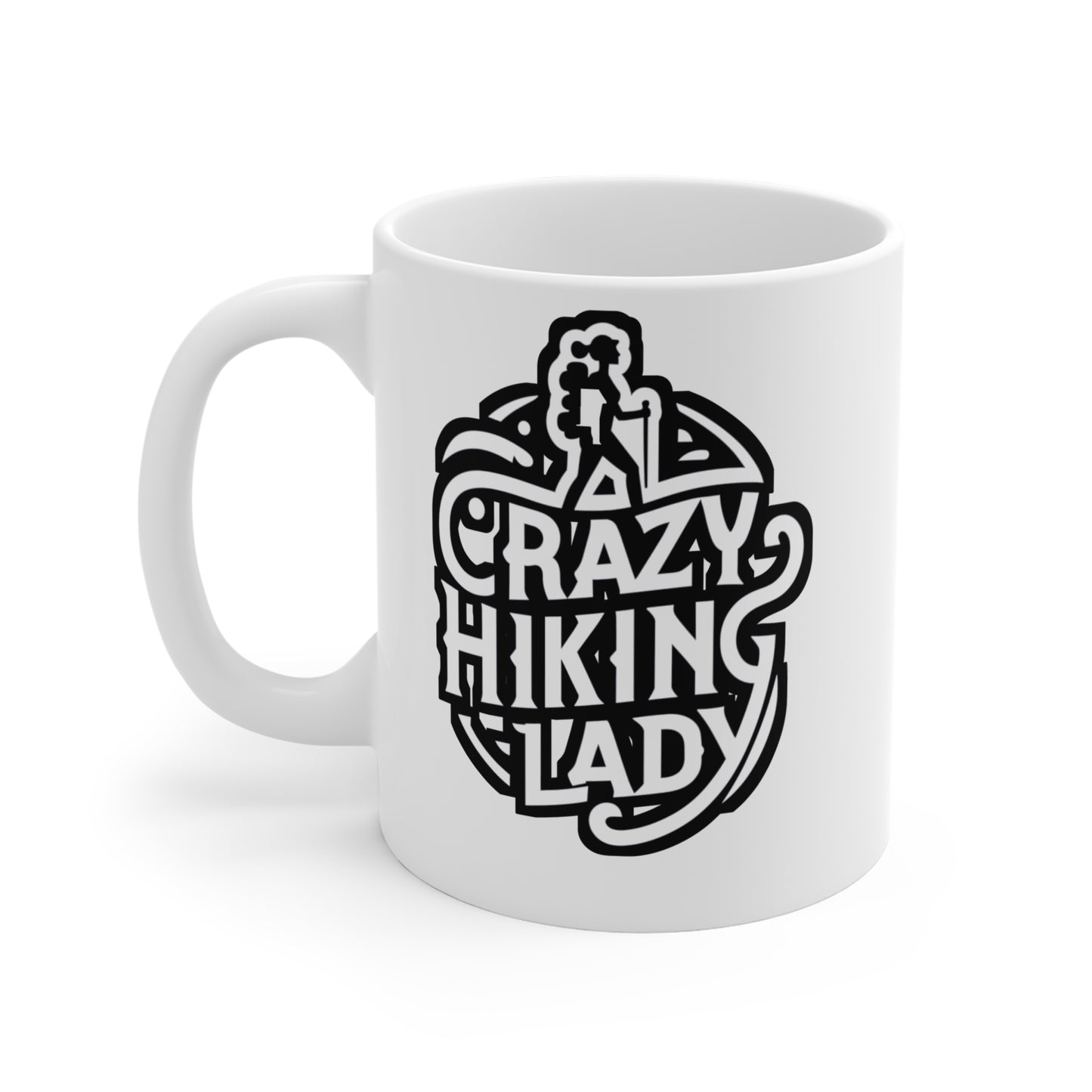 Crazy Hiking Lady  - Hiking Mug for Coffee 11oz. Hiking Cup, White ceramic, Hiker Mug, Backpacker Tea Cup - Hiking Gift