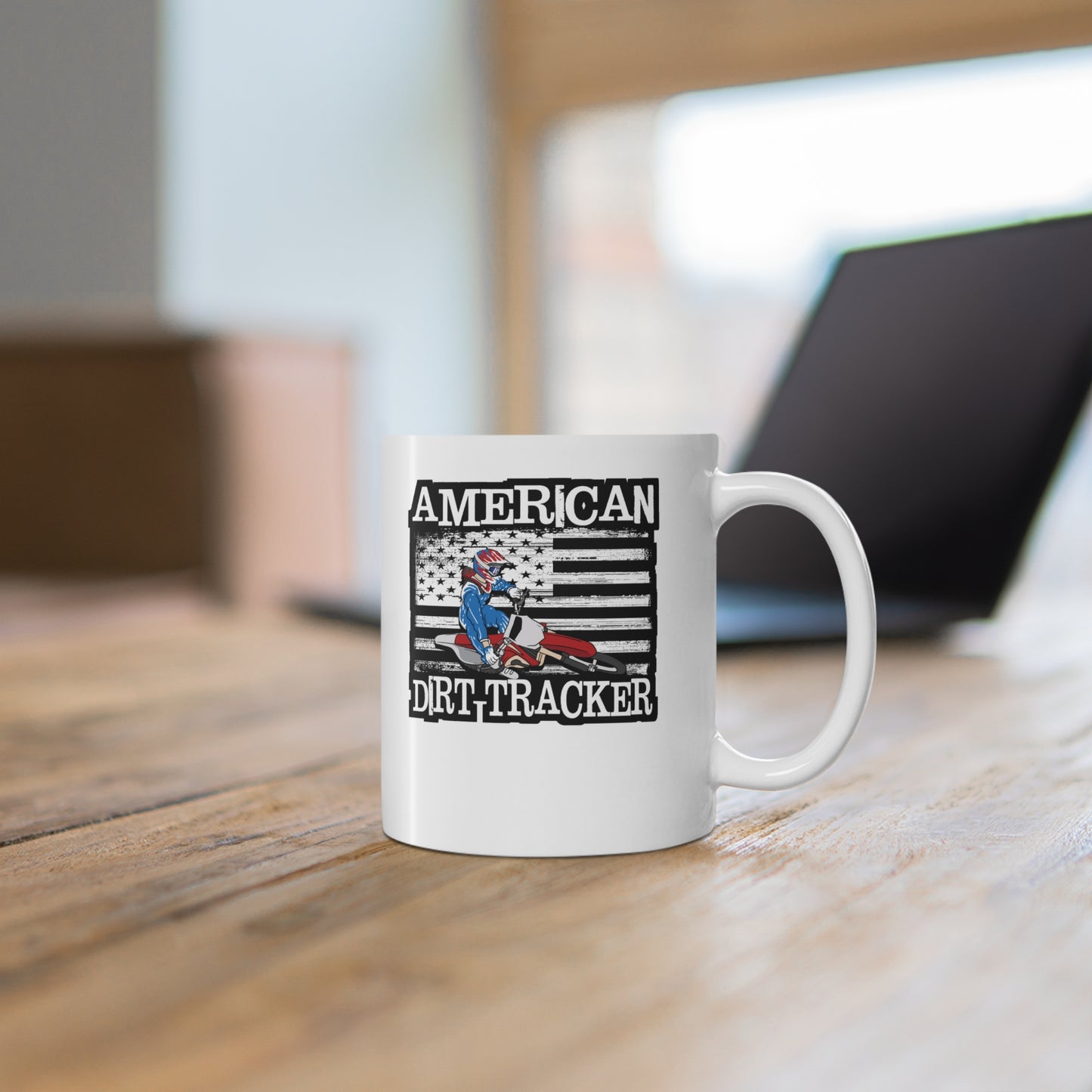 American Dirt Tracker - Flat-track Mug for Coffee 11oz. Flat-track Cup, White ceramic, Motorcycle Mug, Chrome Tea Cup - Flat-track Gift