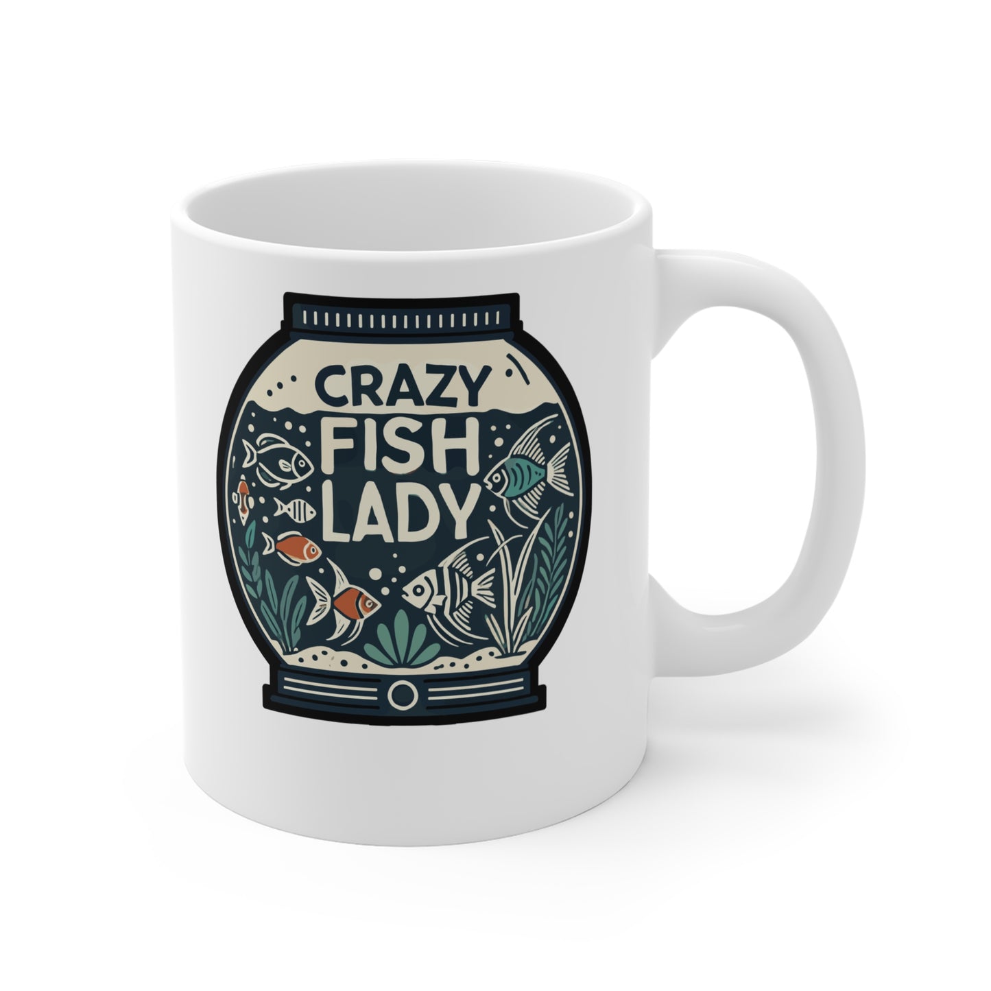 Crazy Fish Lady  - Aquarist Mug for Coffee 11oz. Aquarist Cup, White ceramic, Aquarium Mug, Fish-tank Tea Cup - Aquarist Gift