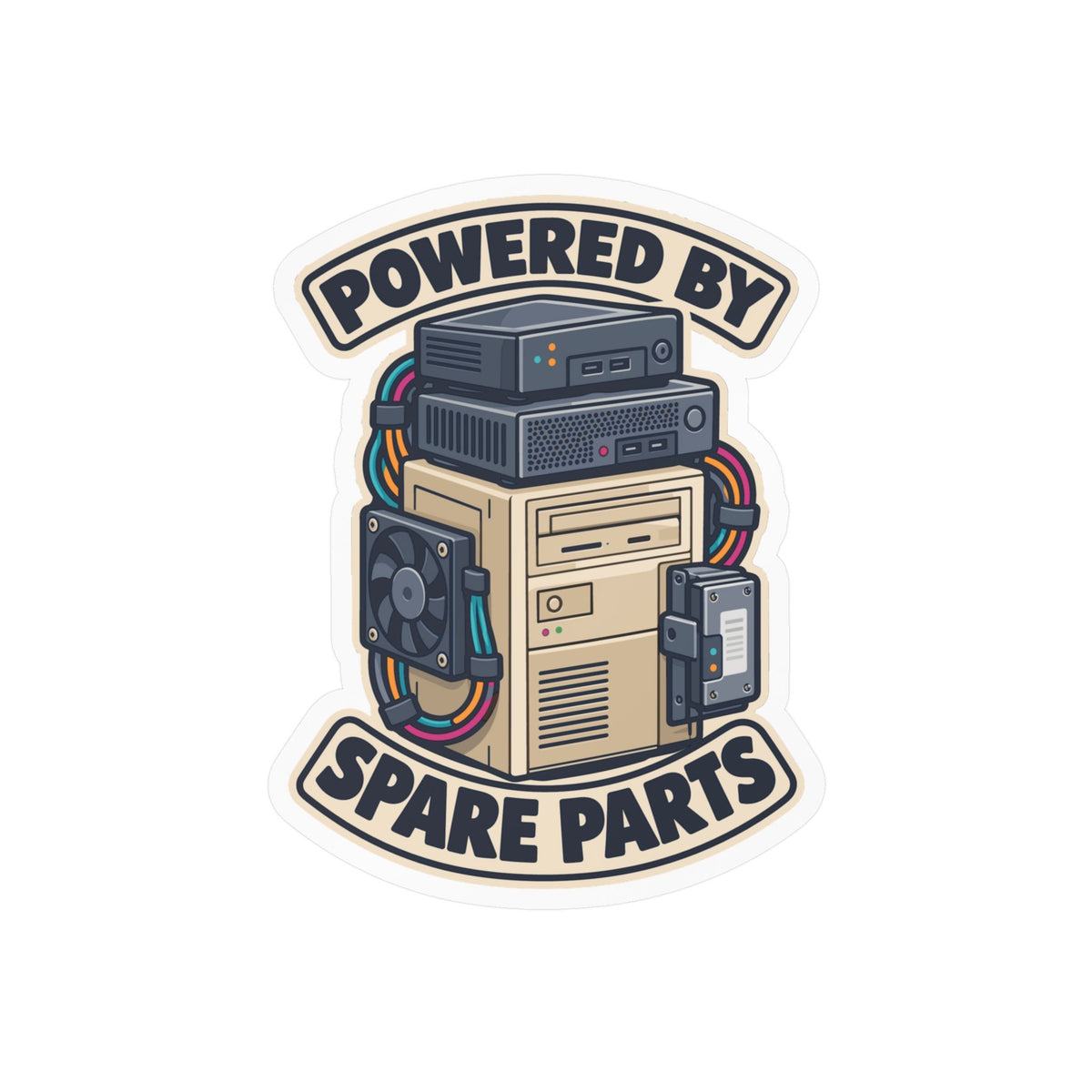 Tech Sticker Powered By Spare Parts – Reboot Button and Bandage Design Decals for Laptop or Water Bottle