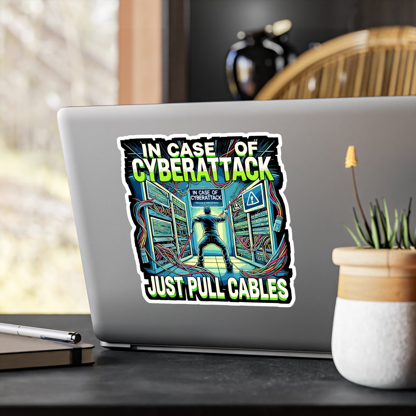 In Case Of Cyberattack Just Pull Cables - Cybersecurity Sticker for Laptop Sticker. Water Bottle Sticker, Vinyl IT joke Decal - Cybersecurity Gift