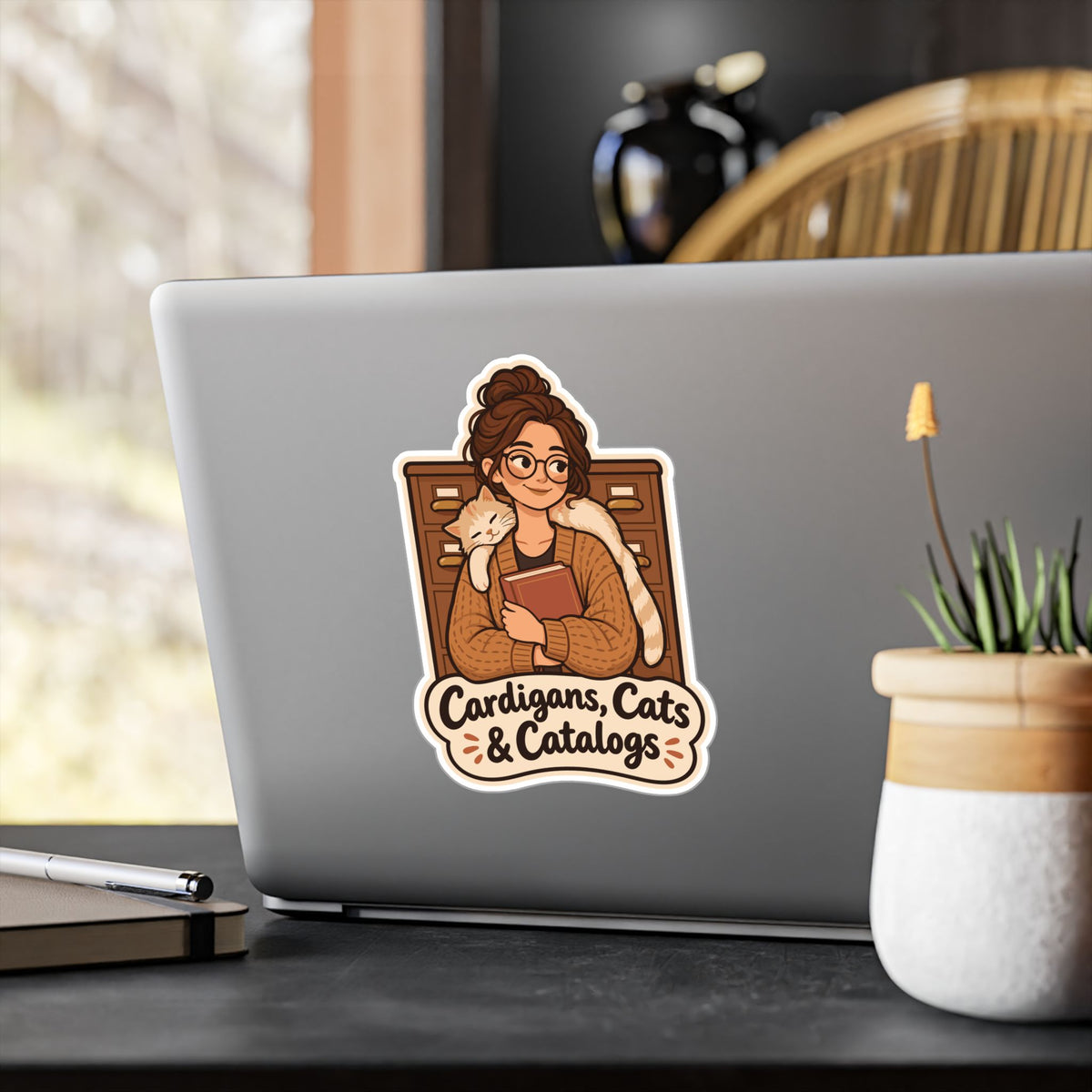Librarian Sticker - Cardigans, Cats & Catalogs - Fabulous Book Lover Decals for Laptop or Water Bottle