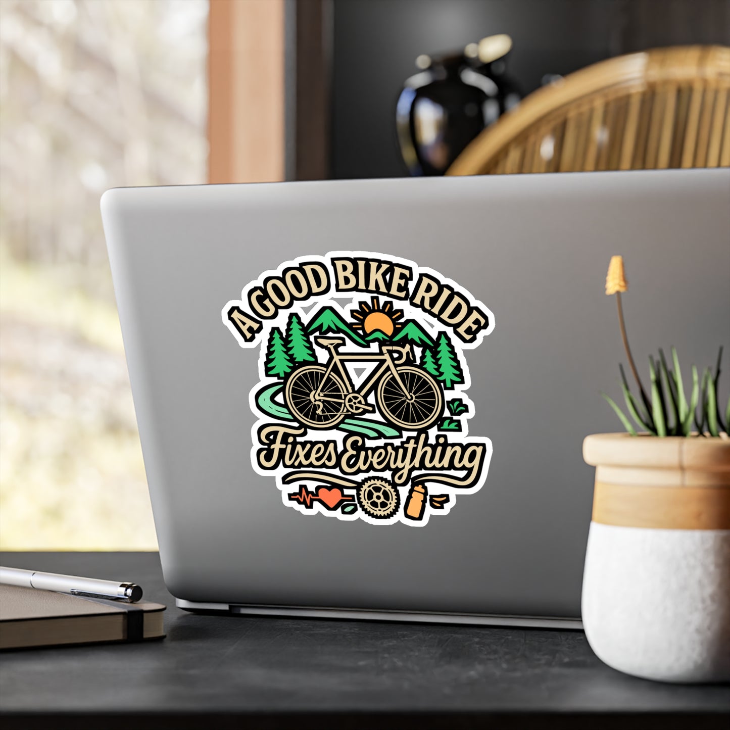 A Good Bike Ride Fixes Everything – Cycling Sticker for Laptop or Water Bottle | Vinyl Downhill Decal, Biker Gift, Mountain Bike Accessory