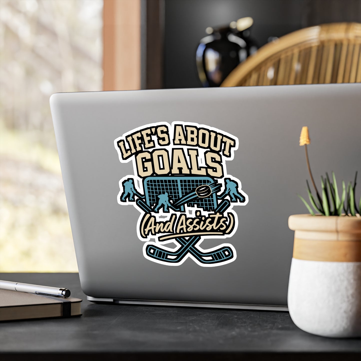 Life's About Goals (And Assists) – Ice Hockey Sticker for Laptop or Water Bottle | Goalie Vinyl Decal, Funny Hockey Gift