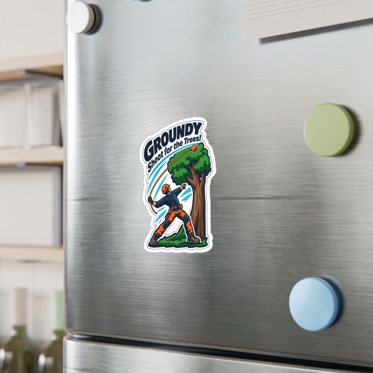 Tree Sticker – Groundy Shoot for the Trees! Funny Tree Worker and Branch Manager Decals for Laptop or Water Bottle