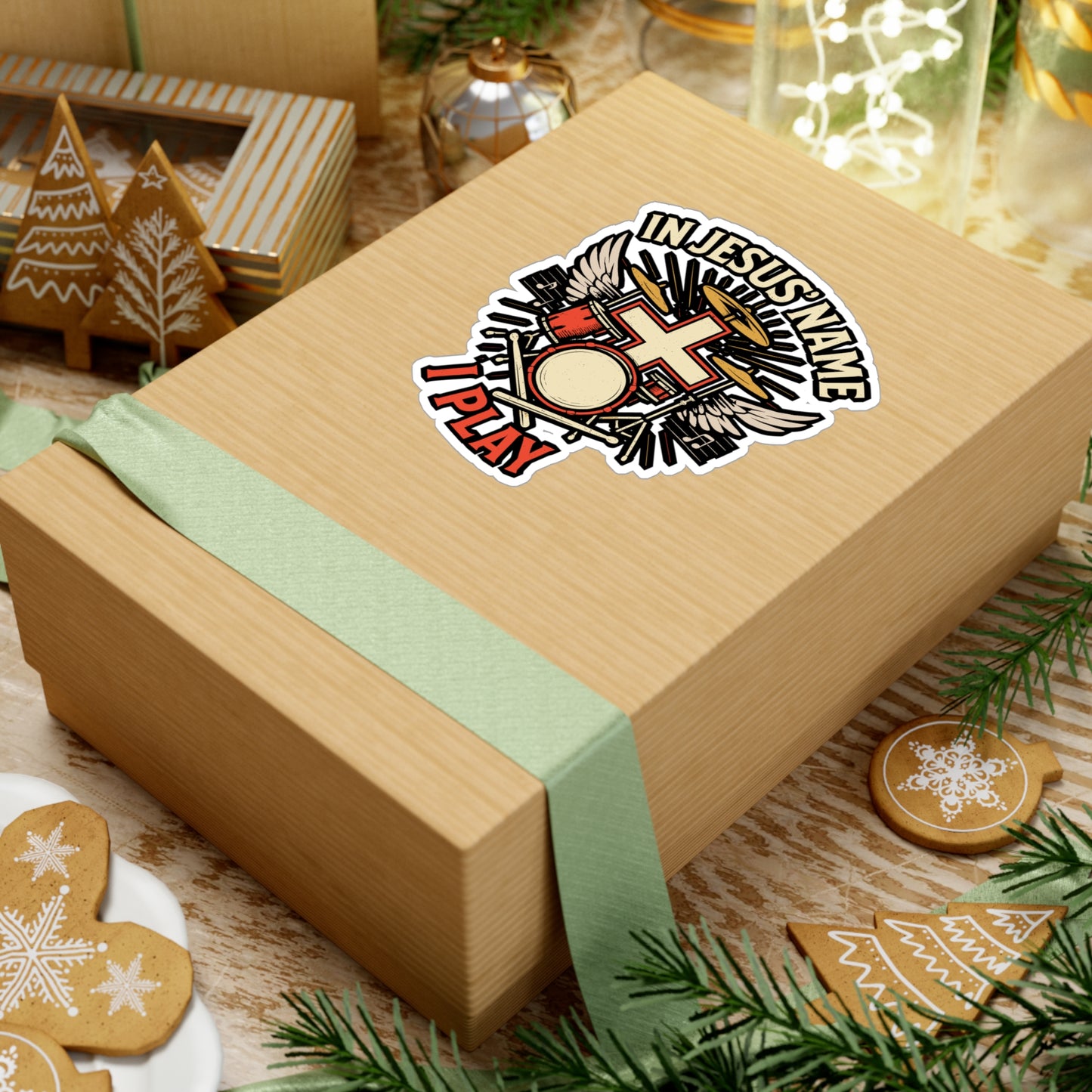 In Jesus Name I Play – Christian Drummer Sticker | Vinyl Decal for Laptop or Water Bottle | Faith-Based Music Gift