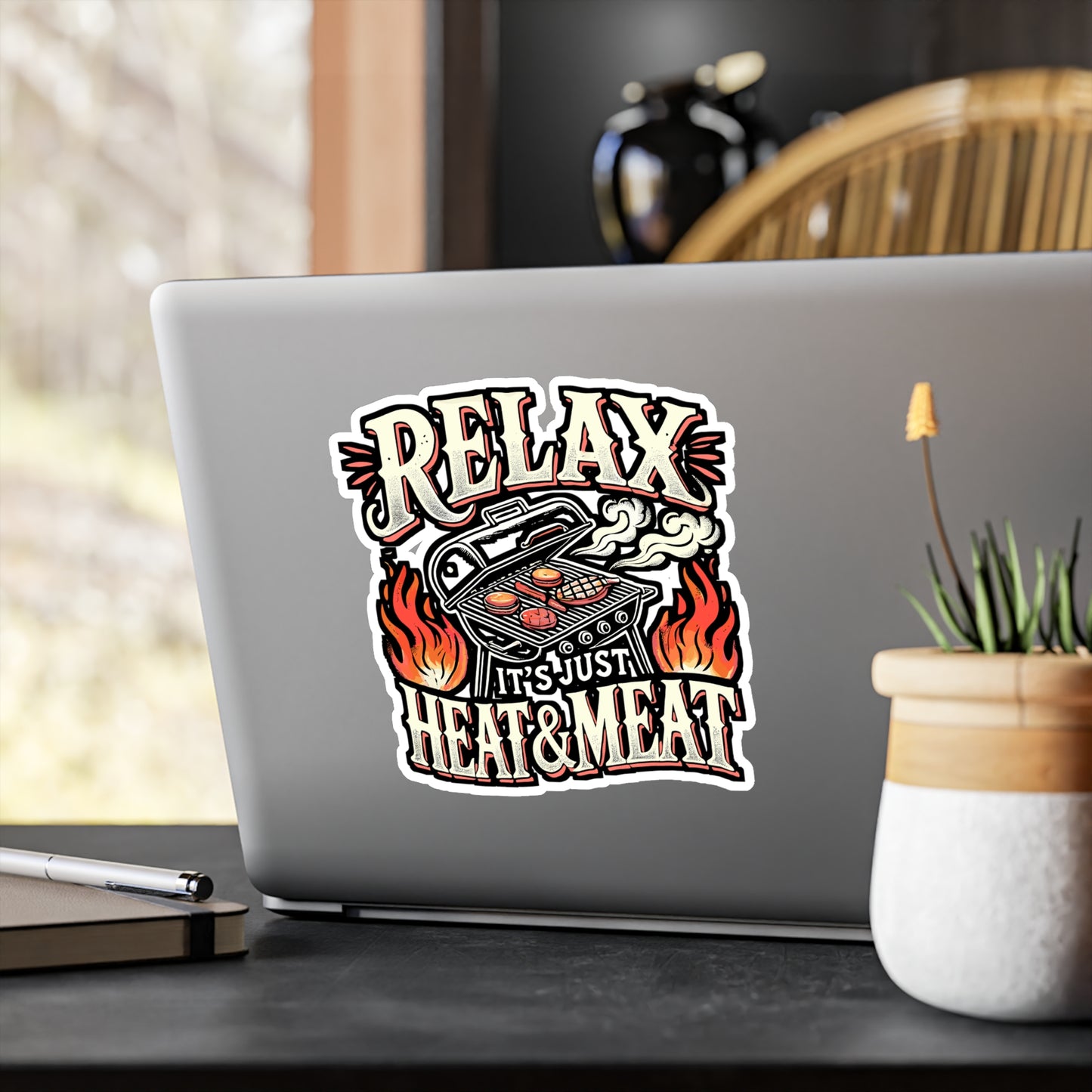 Relax It's Just Heat & Meat – BBQ Vinyl Sticker for Laptop or Water Bottle | Smoker Decal, BBQ Lover Gift