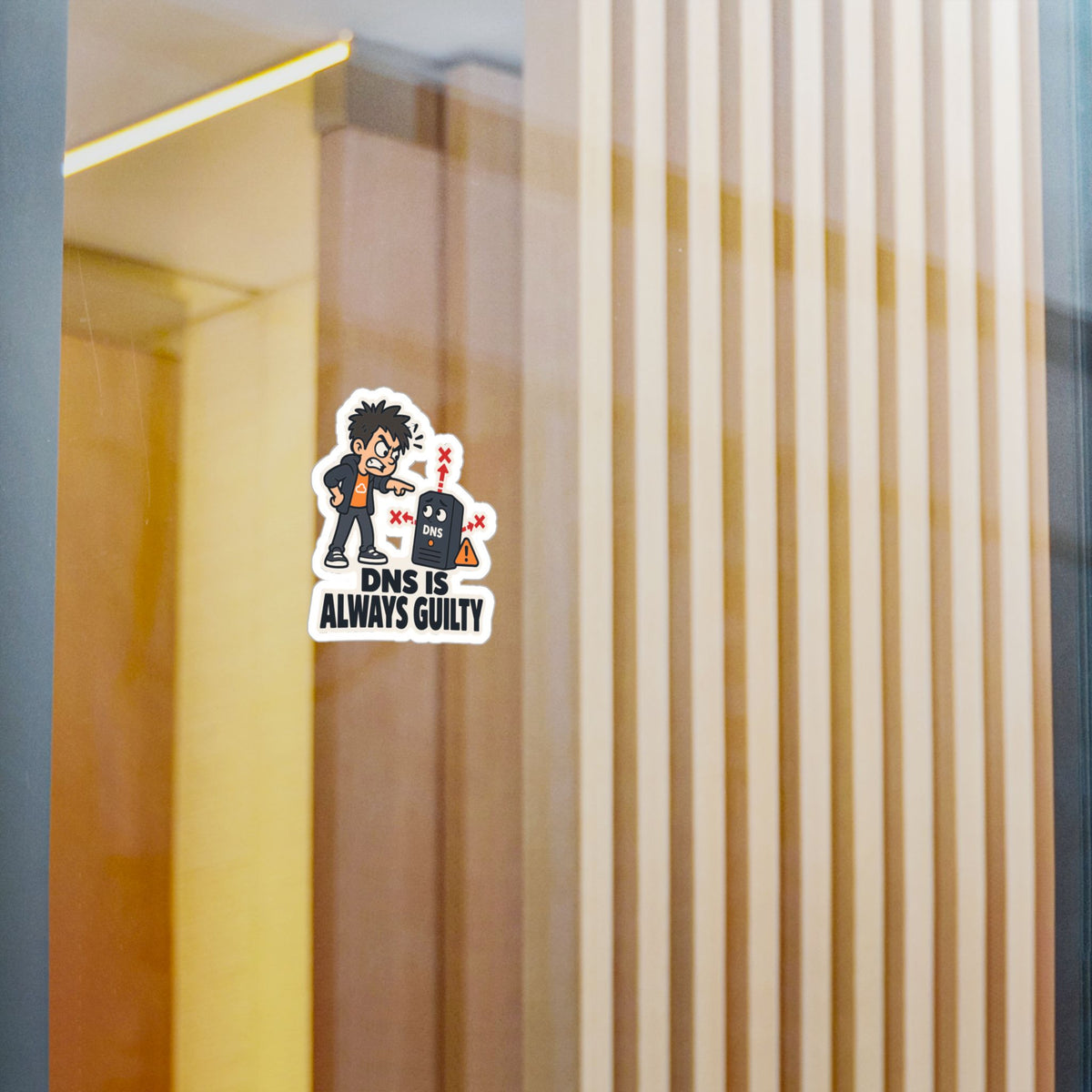 Frustrated Sticker - DNS Is Always Guilty, Cartoon Homelabber Pointing Accusingly, Funny Decals for Laptop and Water Bottle