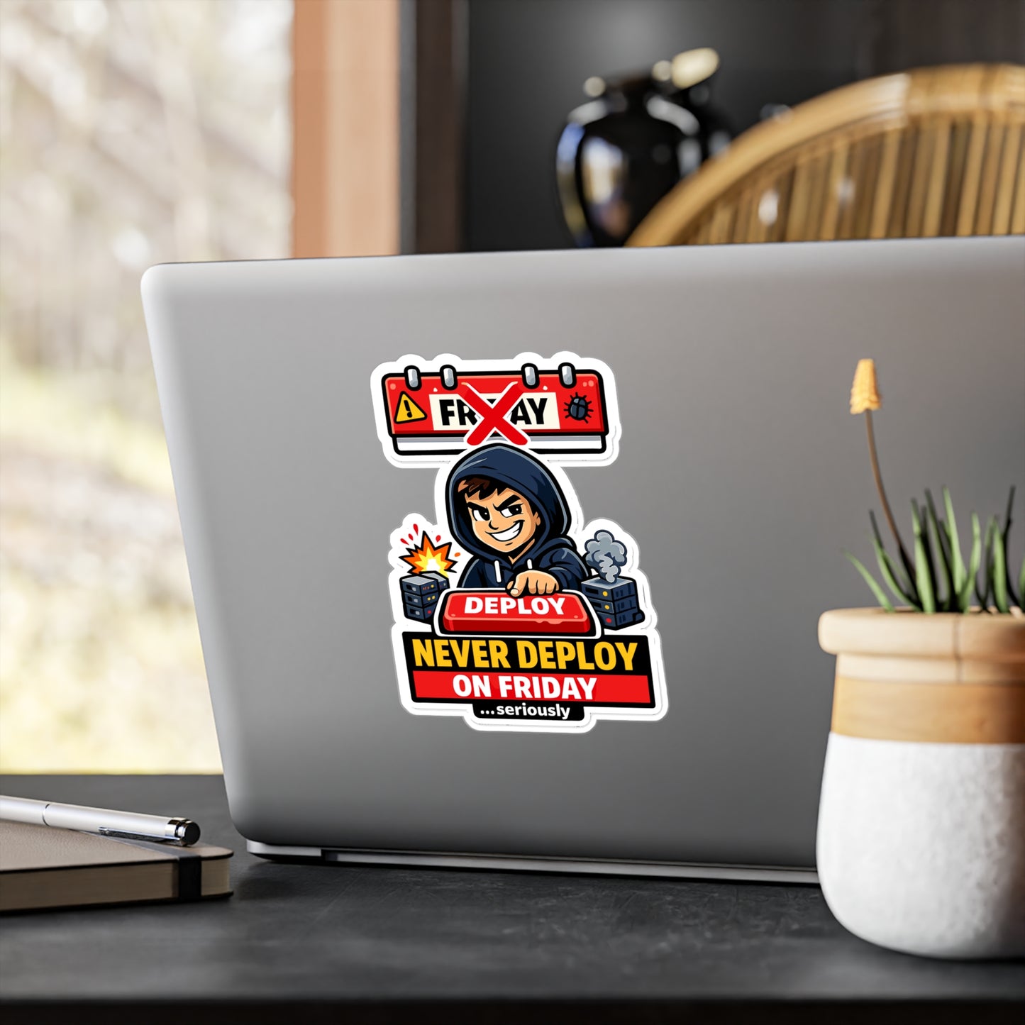 Coding Sticker Never deploy on Friday Programmer Design, Funny Source Code Semicolon Vinyl Sticker Decals for Laptop Water Bottle Waterproof