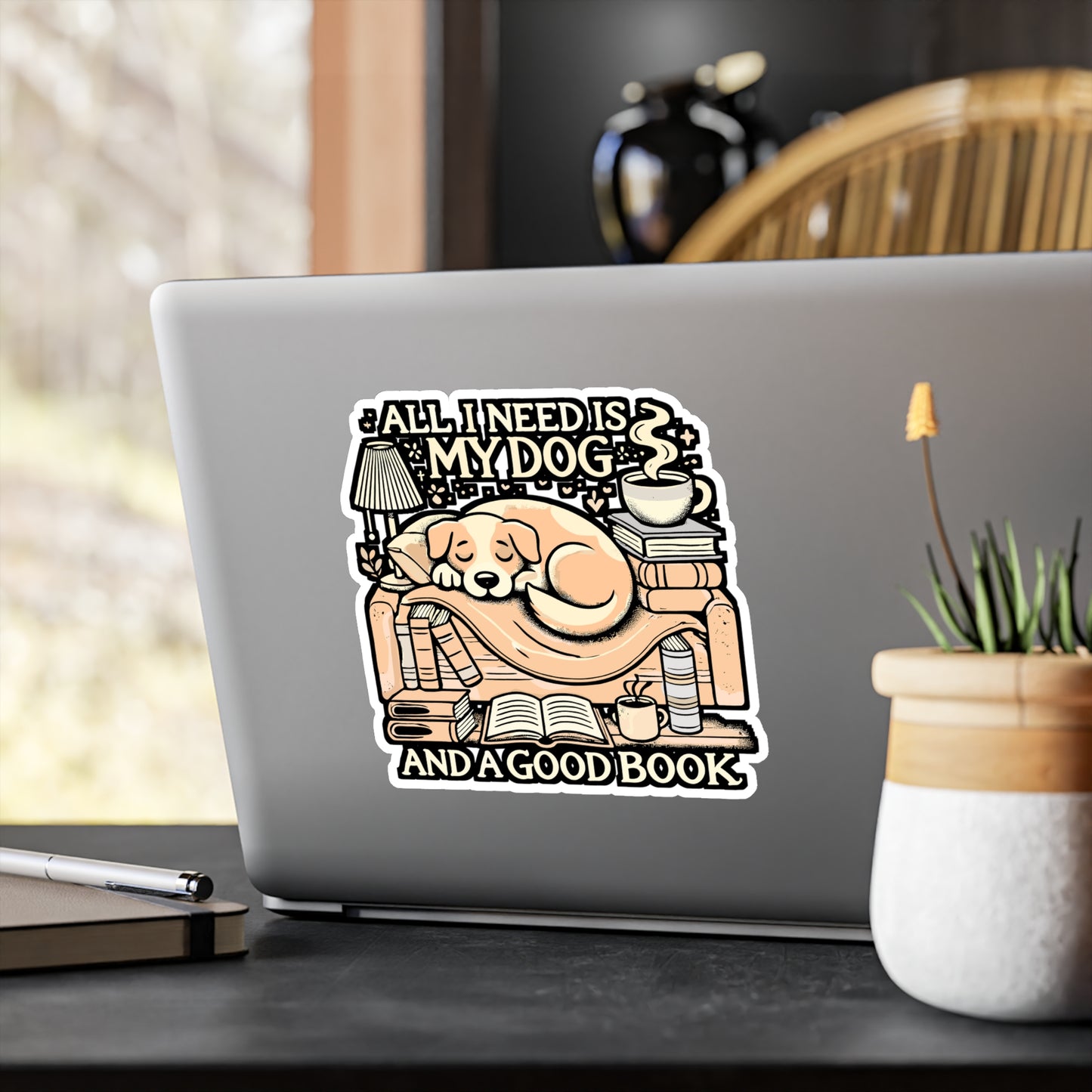 All I Need Is My Dog and a Good Book – Vinyl Sticker for Laptop, Water Bottle or Car | Dog Lover & Book Lover Gift
