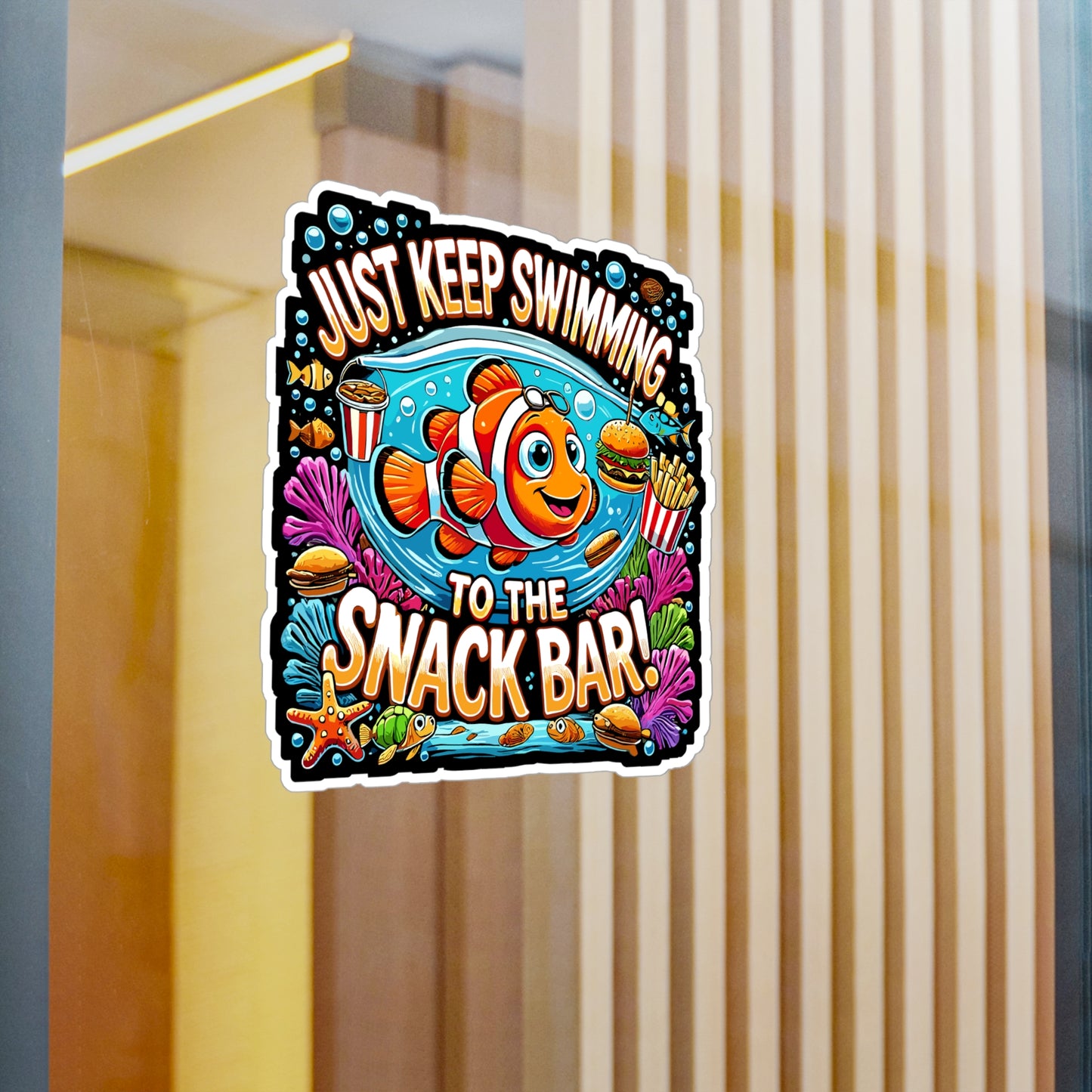 Just Keep Swimming to the Snack Bar - Snack lover Sticker for Laptop Sticker. Water Bottle Sticker, Vinyl Ocean humor Decal - Snack lover Gift