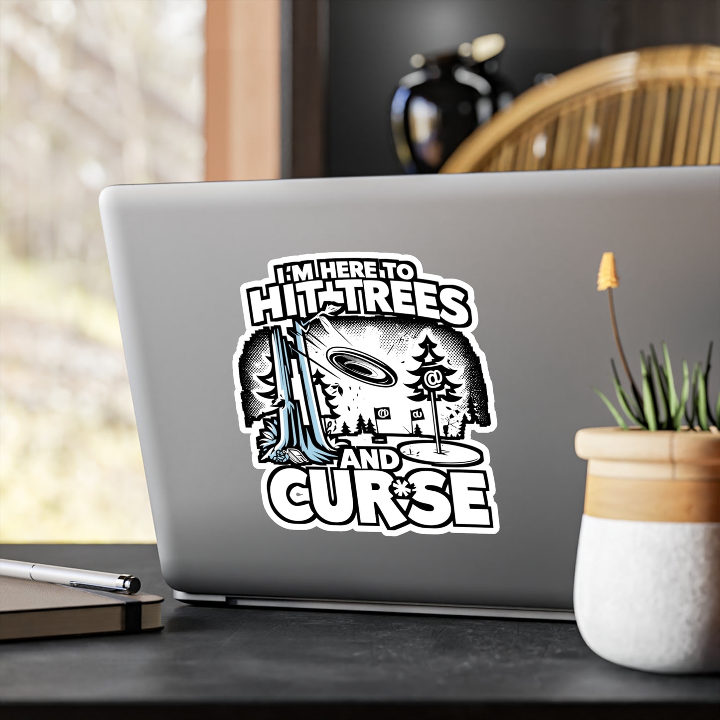 I'm Here To Hit Trees And Curse – Funny Disc Golf Sticker for Laptop or Water Bottle | Frisbee Player Decal