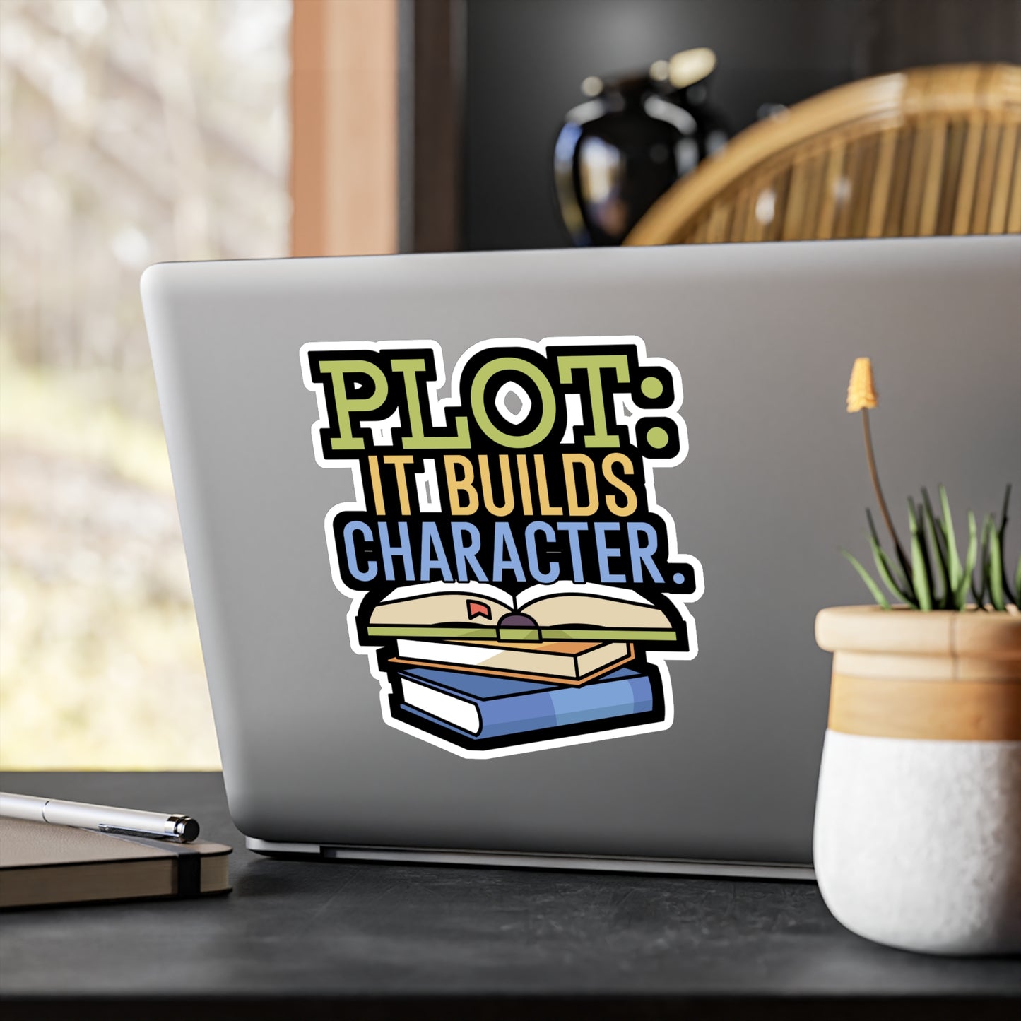 Plot it builds character - Author Sticker for Wall, Laptop, Window, Truck, Car Author Gift Vinyl Writer Decal Sticker