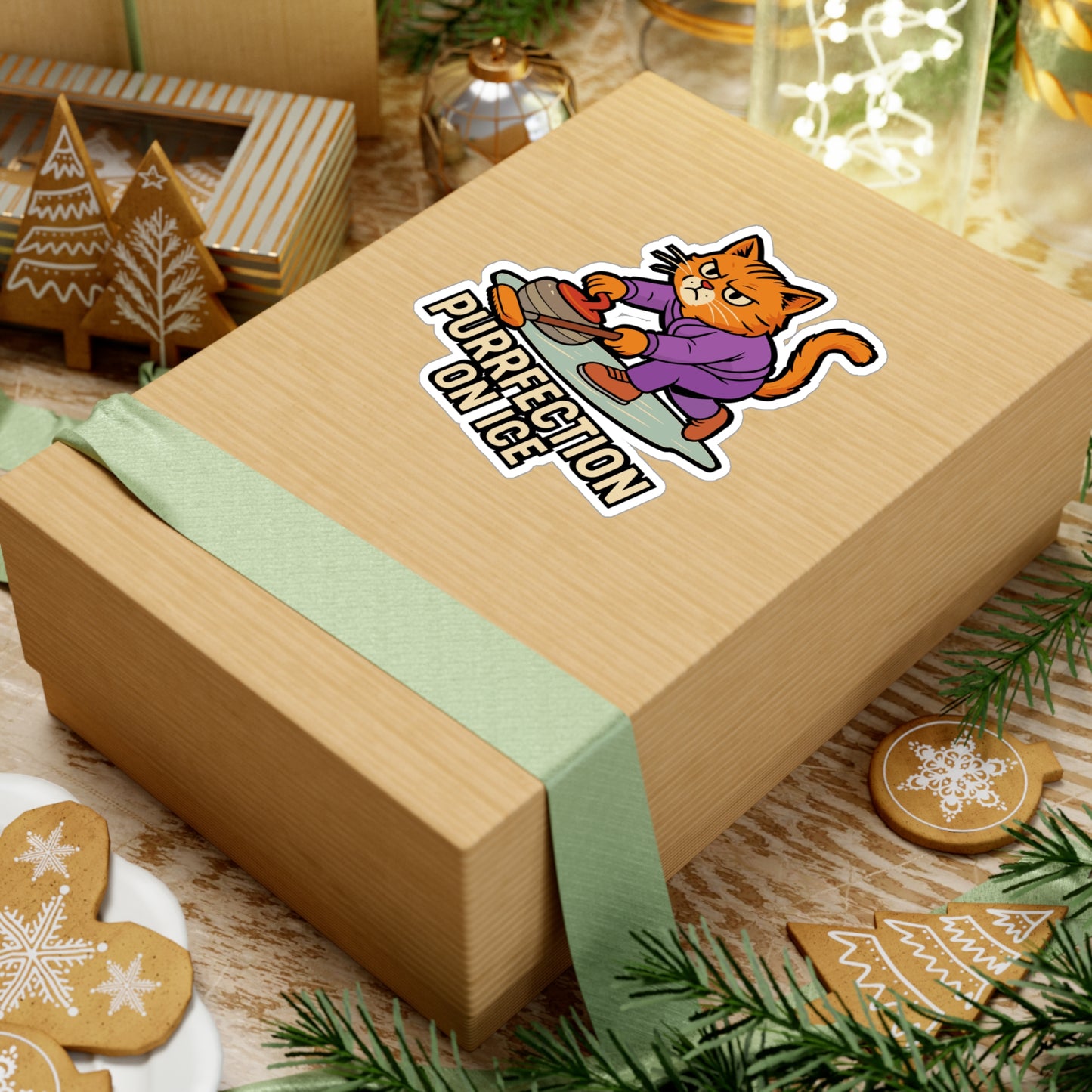 Purrfection on Ice - Curling Sticker for Laptop, Water Bottle - Fun Gift for Curling Fans and Cat Lovers