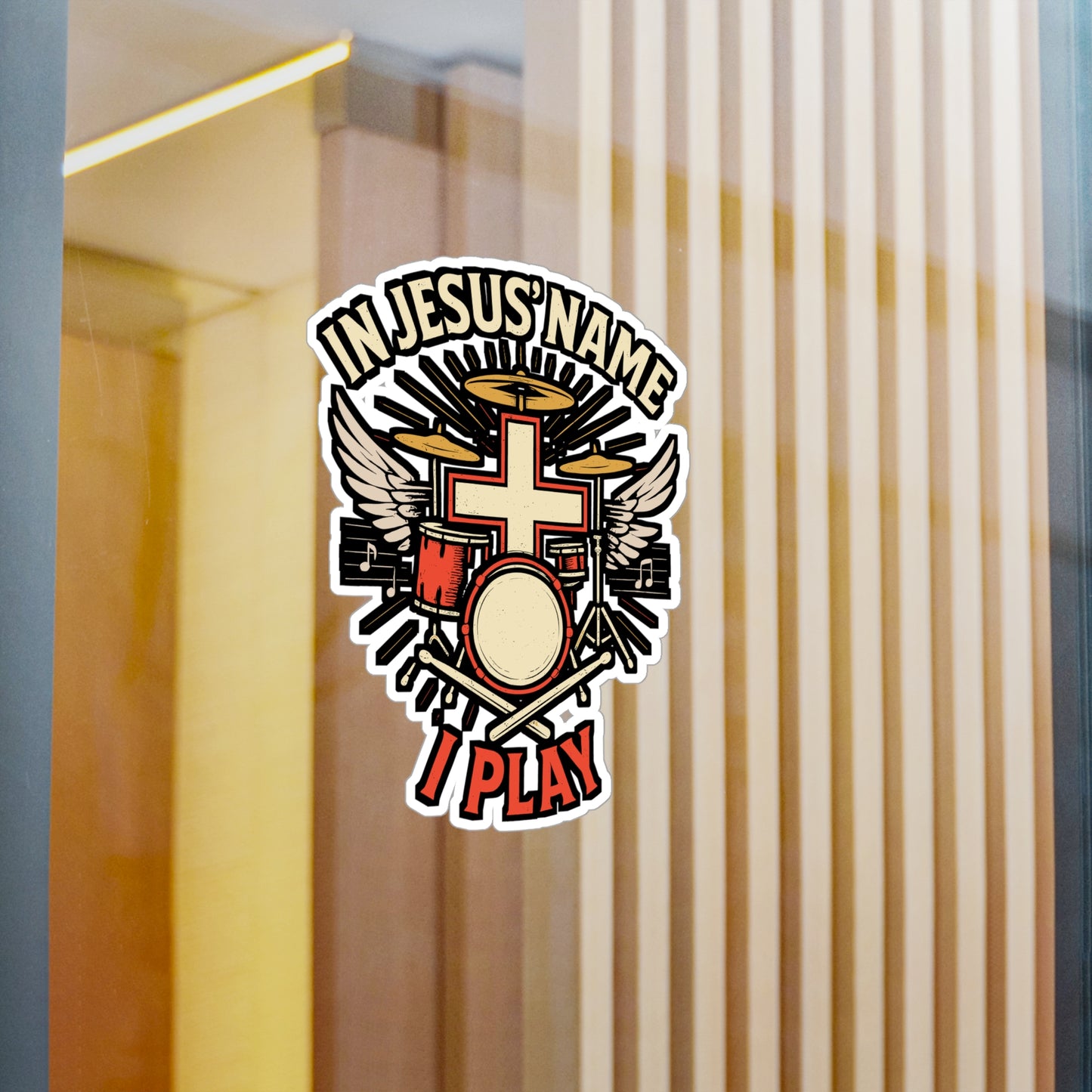 In Jesus Name I Play – Christian Drummer Sticker | Vinyl Decal for Laptop or Water Bottle | Faith-Based Music Gift