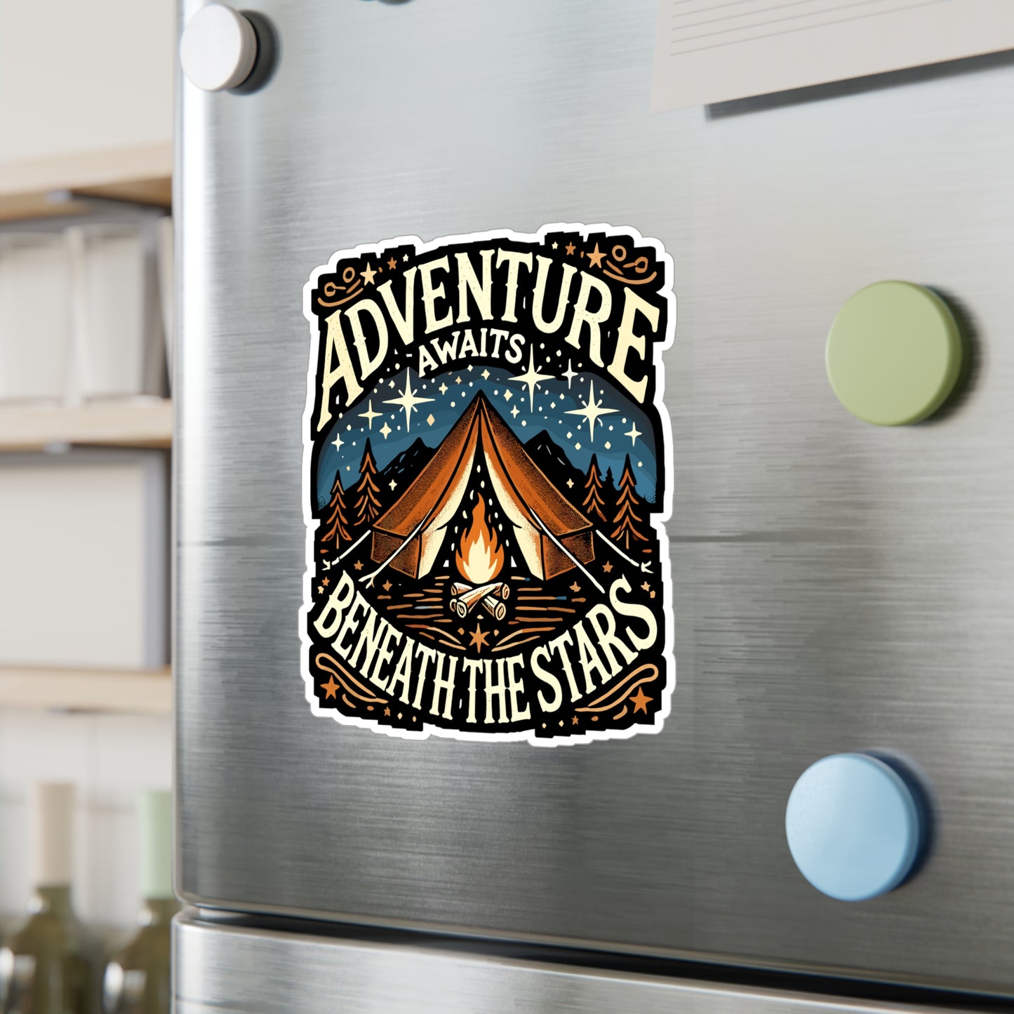 Adventure Awaits Beneath the Stars - Camping Sticker for Laptop Sticker. Water Bottle Sticker, Vinyl Outdoor Decal - Camping Gift