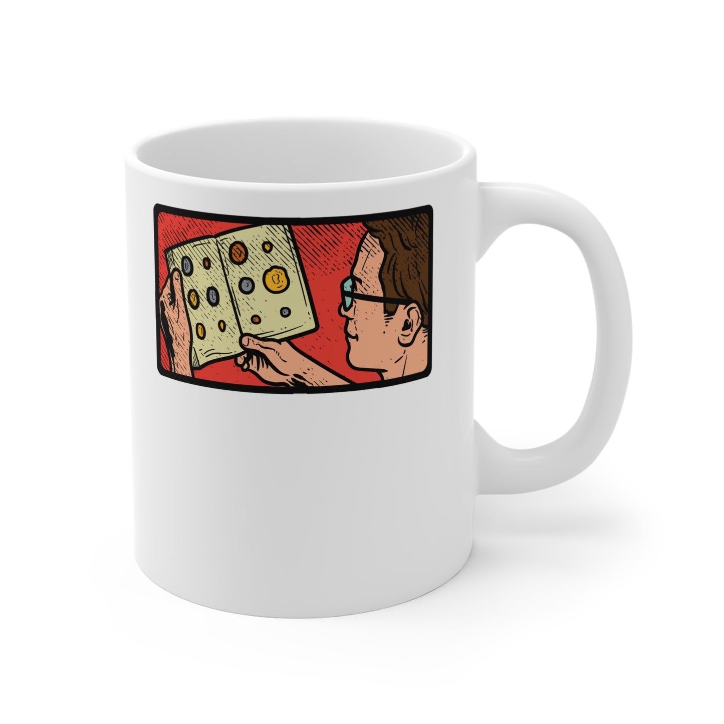 Coin Collector reading his album - Coin-collection Mug for Coffee 11oz. Coin-collection Cup, White ceramic, Relic Mug - Coin-collection Gift