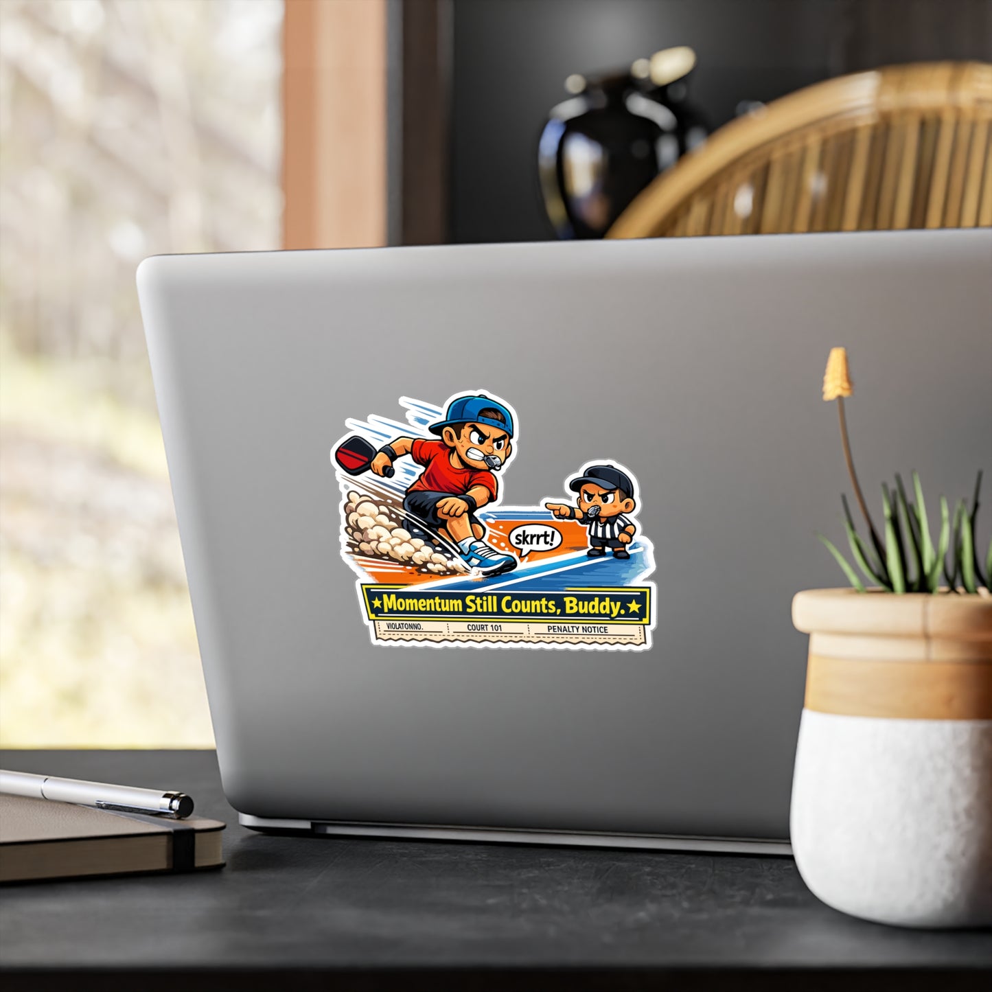 Pickleball Sticker "Momentum Still Counts, Buddy" Waterproof Vinyl Decals for Laptop, Water Bottle – Athlete Competition Pickle Design