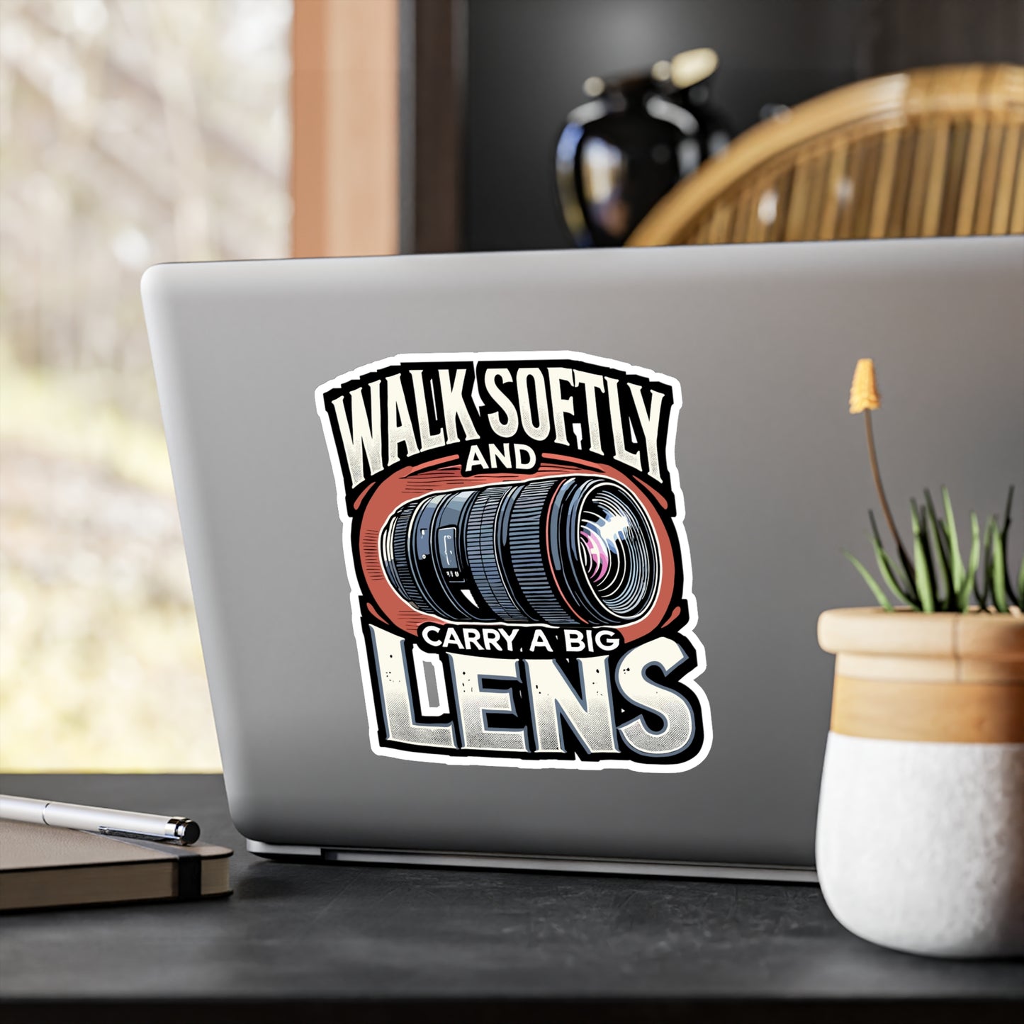 Walk Softly And Carry A Big Lens - Photography Sticker for Laptop Sticker. Water Bottle Sticker, Vinyl Camera lens Decal - Photography Gift