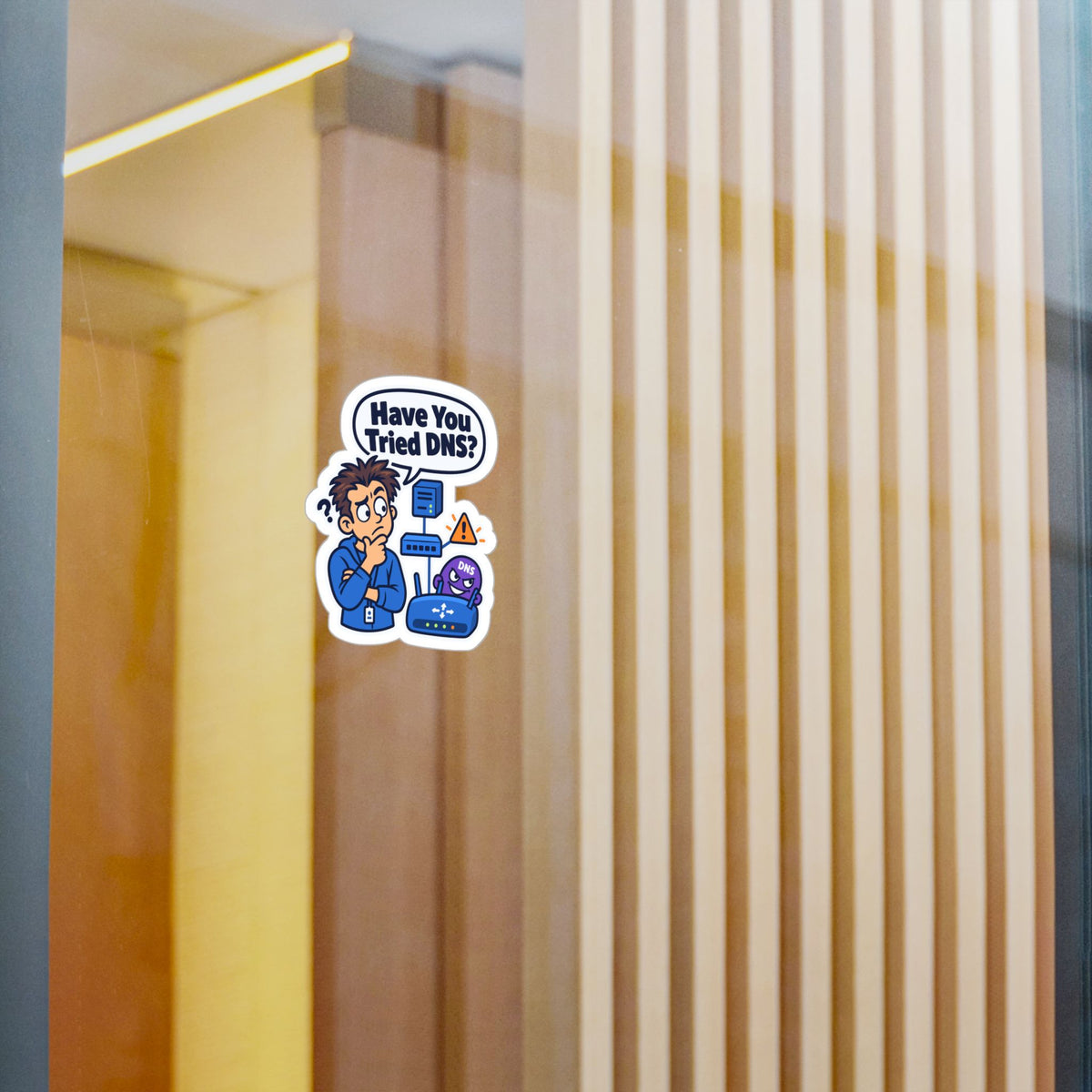 Tech Sticker "Have You Tried DNS" – Funny IT Decals with Reboot Button Humor, a Tech Bandage for Your Laptop