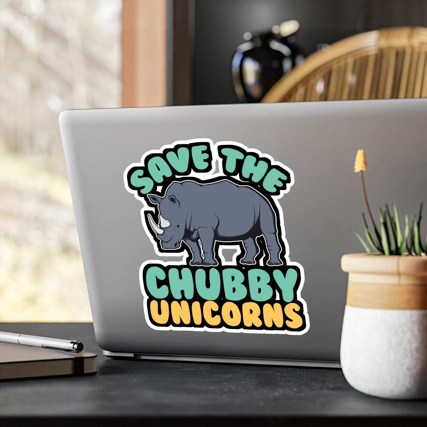 Save The Chubby Unicorns - Rhino Sticker for Laptop Sticker. Water Bottle Sticker, Vinyl Rhinoceros Decal - Rhino Gift