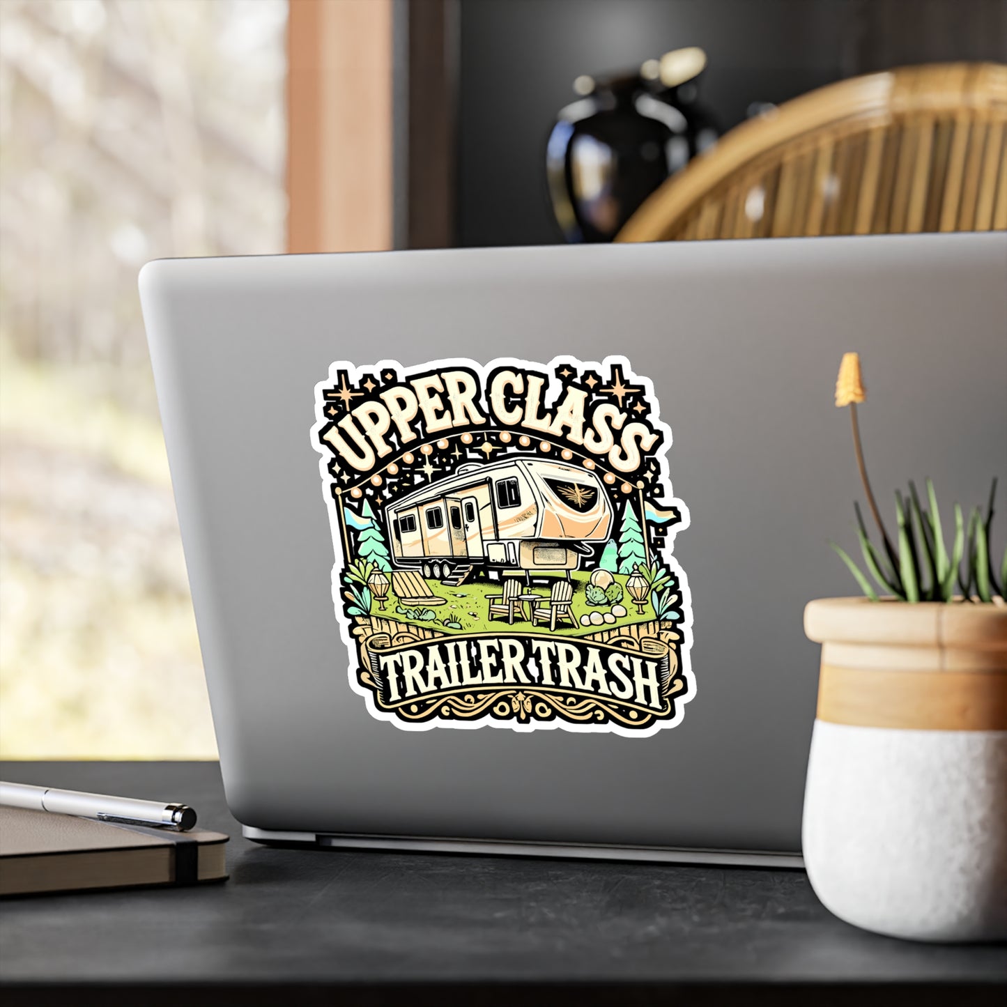Upper Class Trailer Trash – RV Vinyl Decal for Car, Laptop, or Water Bottle | Funny RV Pilot Gift, Trailer Sticker for Camper Enthusiasts